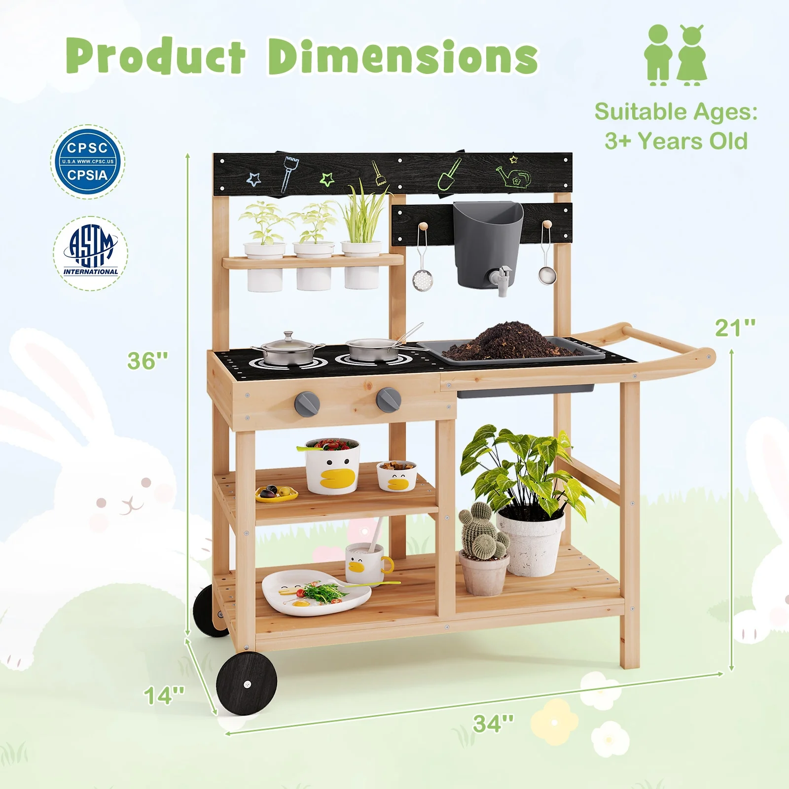 Outdoor Fir Wood Play Kitchen, Blackboard, Planting Pots, Natural - Image 5