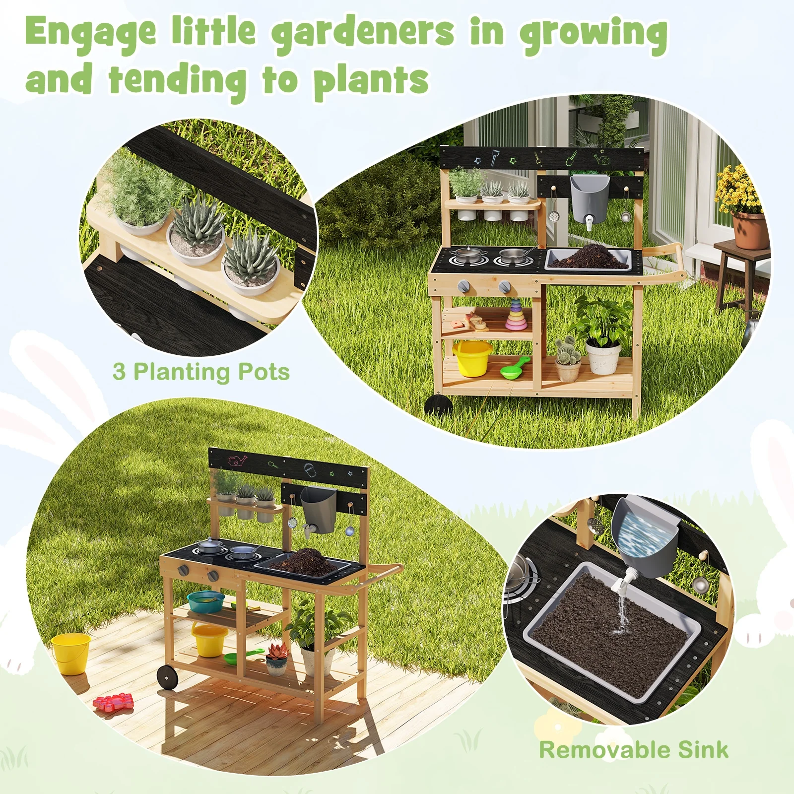 Outdoor Fir Wood Play Kitchen, Blackboard, Planting Pots, Natural - Image 7