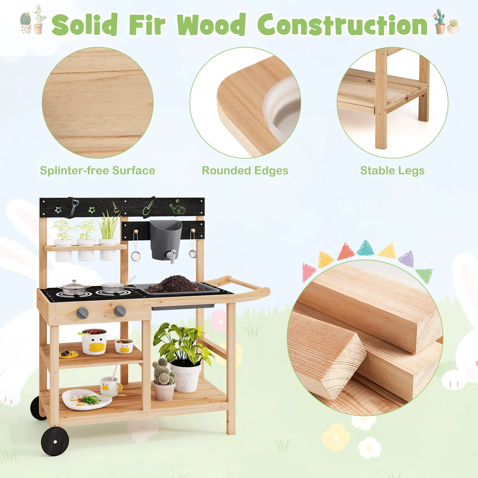 Outdoor Fir Wood Play Kitchen, Blackboard, Planting Pots, Natural - Image 8