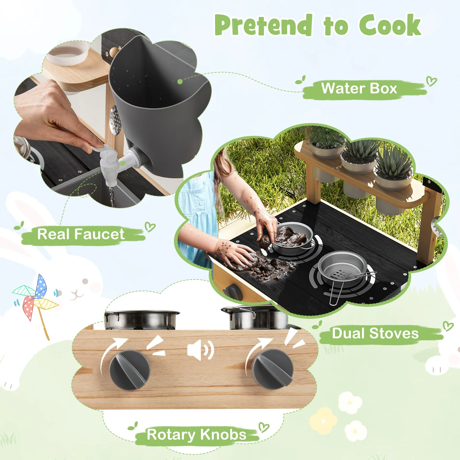 Outdoor Fir Wood Play Kitchen, Blackboard, Planting Pots, Natural - Image 9