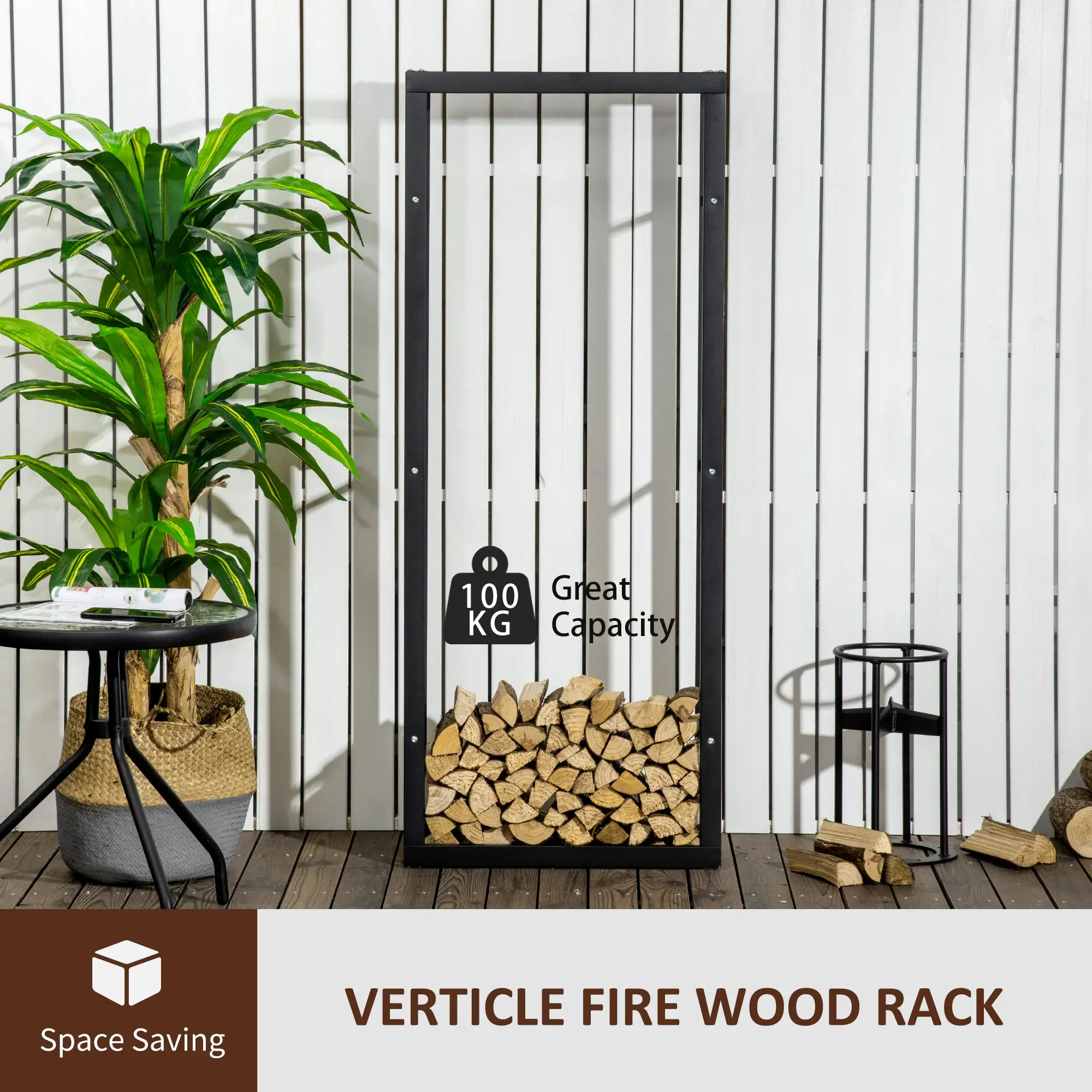 Outdoor Firewood Rack, Log Holder with Handles, 220 lbs Capacity, 23.6" x 9.8" x 59.1", Black - Image 4