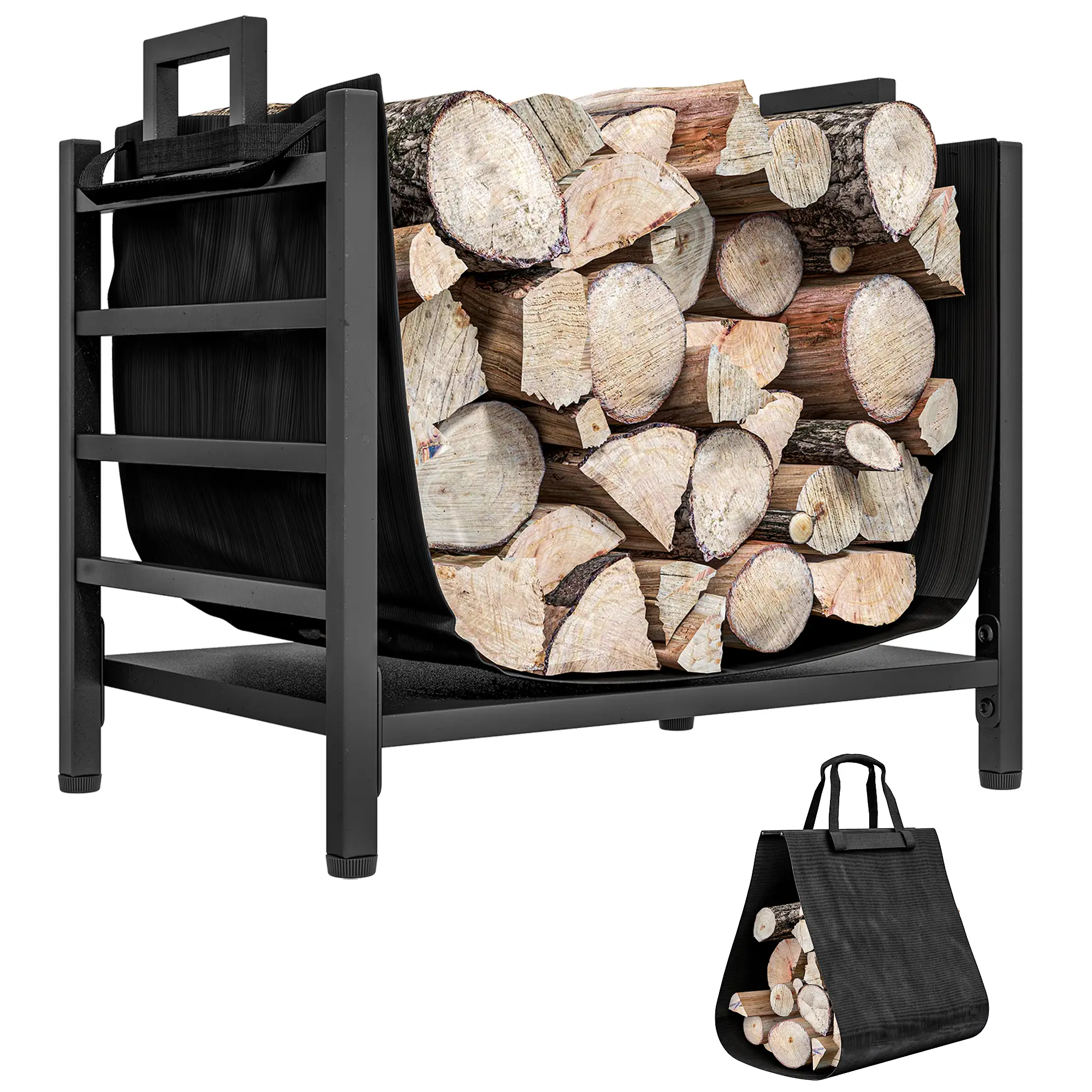 Outdoor Firewood Rack With Log Carrier, Heavy Duty Steel, Black - Image 11