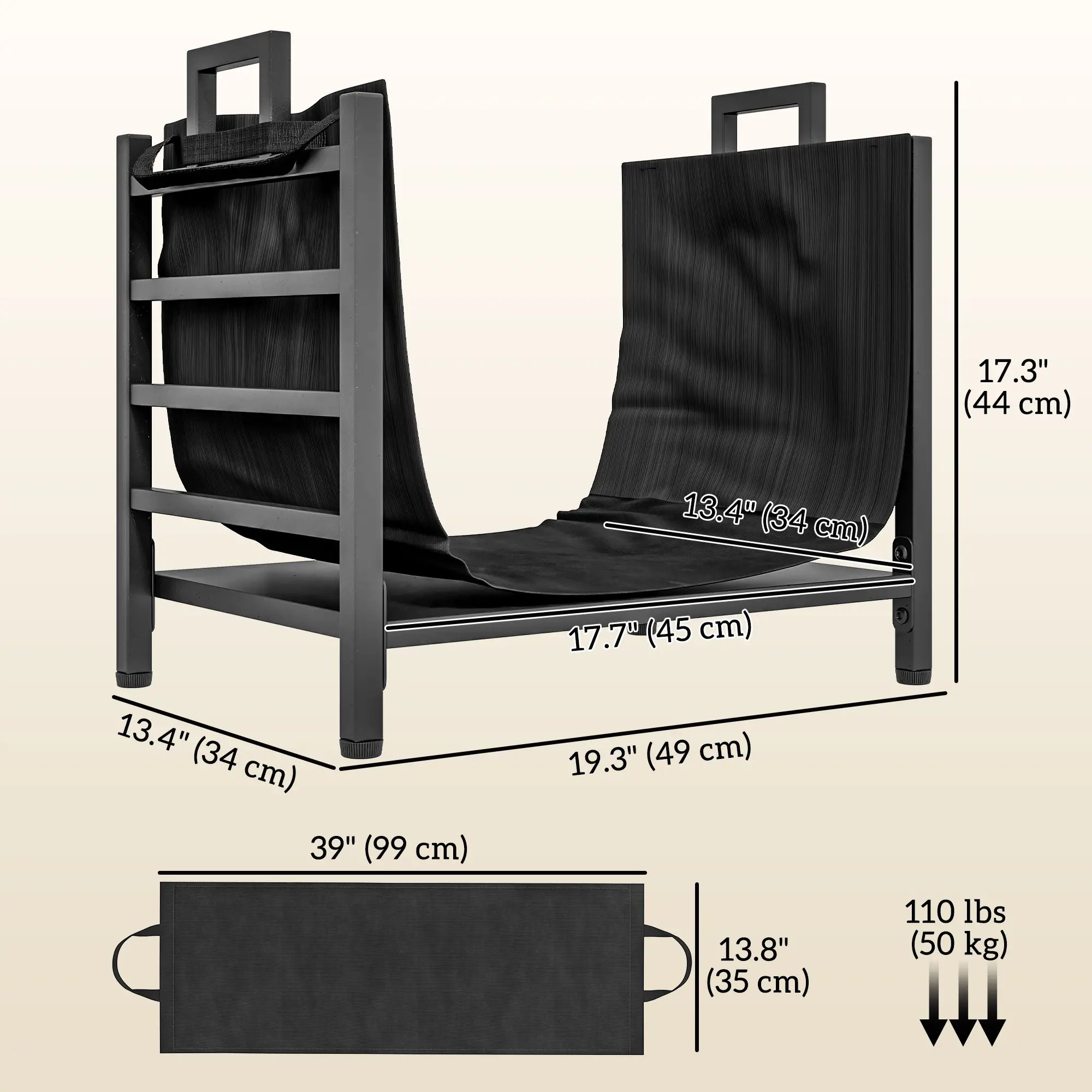 Outdoor Firewood Rack With Log Carrier, Heavy Duty Steel, Black - Image 3