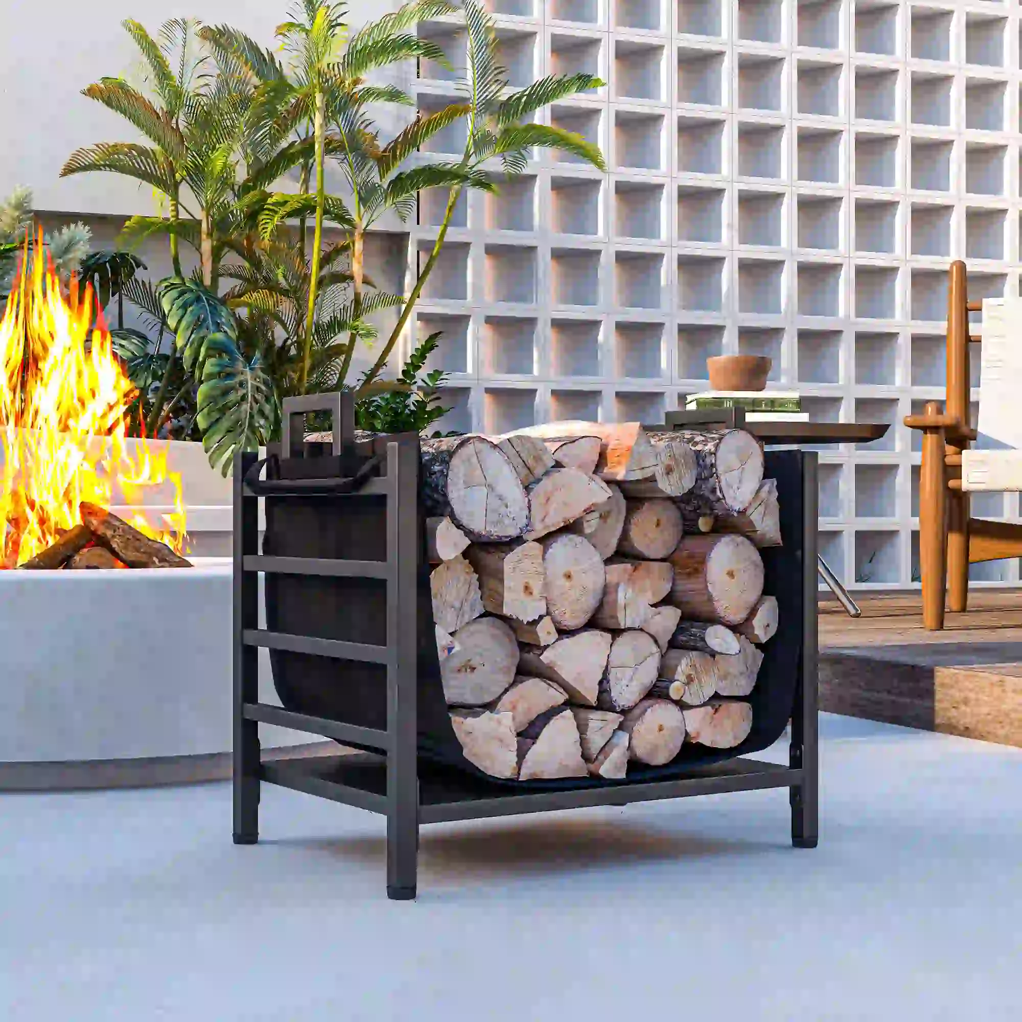 Outdoor Firewood Rack With Log Carrier, Heavy Duty Steel, Black - Image 9