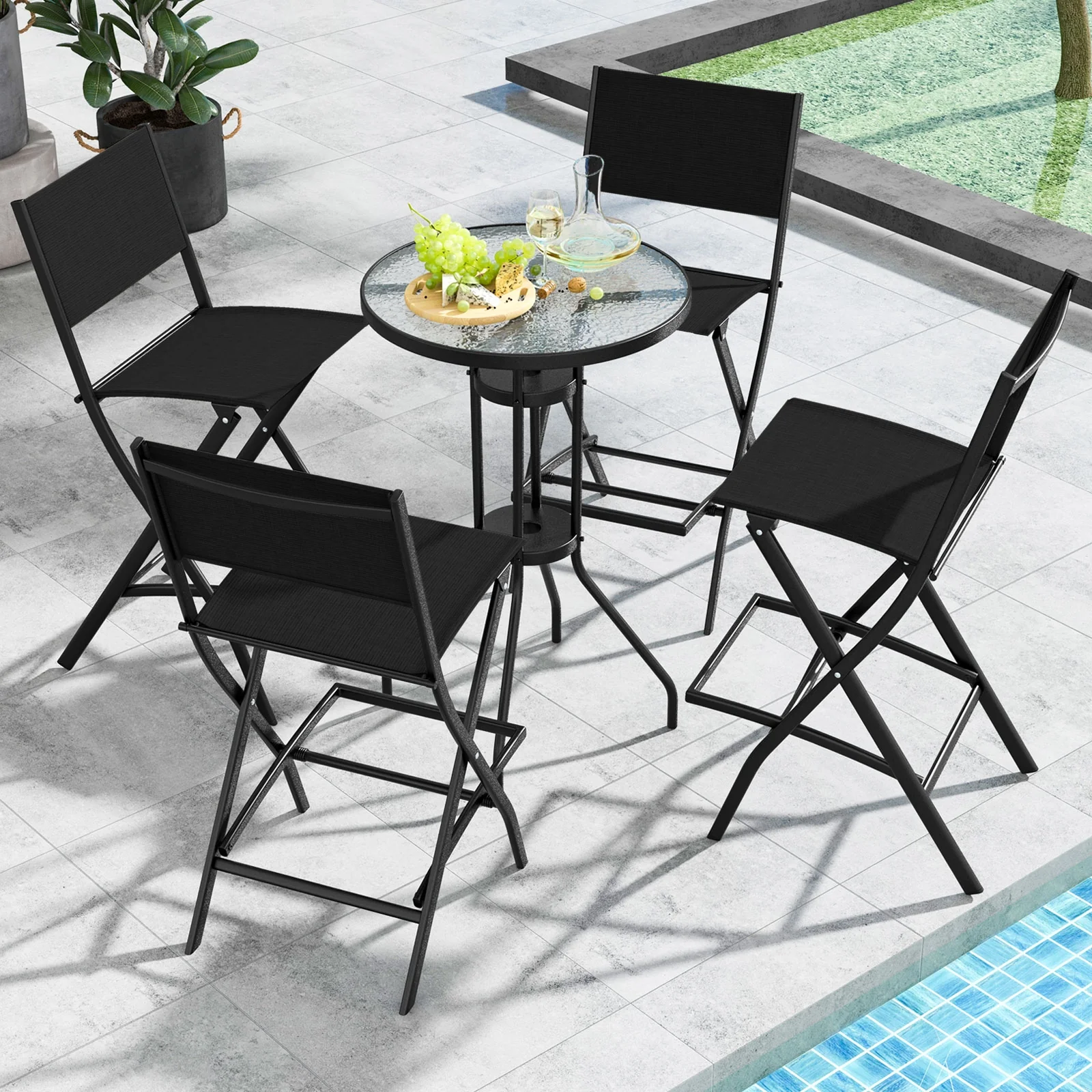 Outdoor Folding Bar Height Stool Set of 4, Metal Frame, Footrest, Black - Image 2