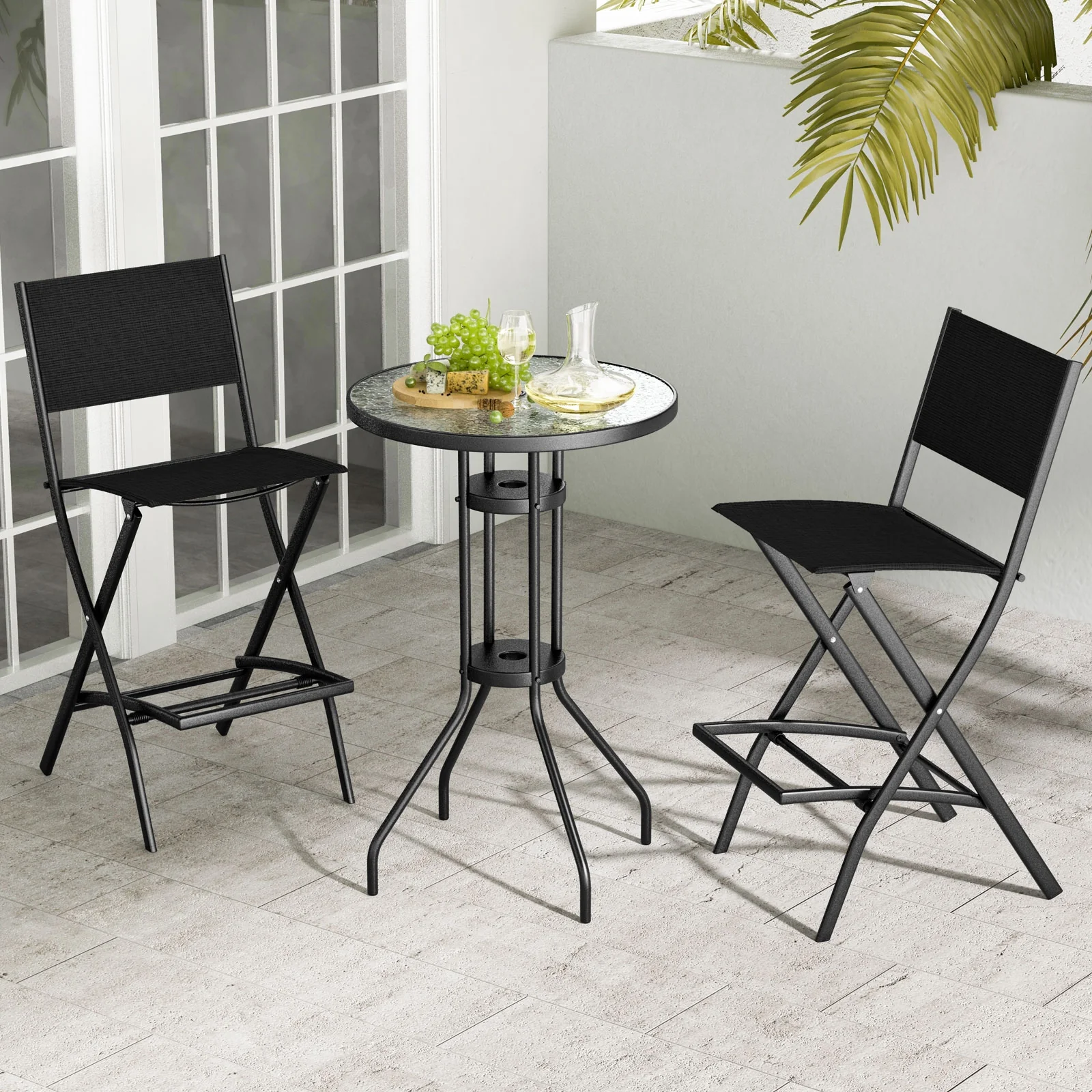 Outdoor Folding Bar Height Stool Set of 4, Metal Frame, Footrest, Black - Image 3