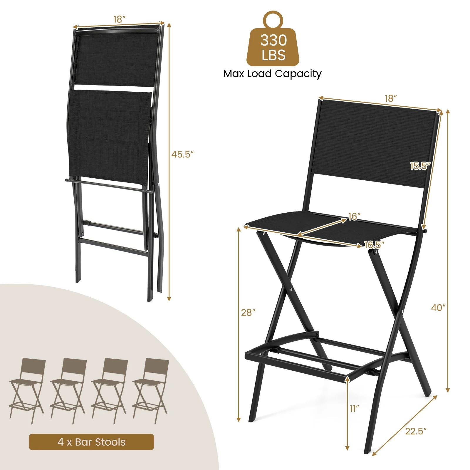 Outdoor Folding Bar Height Stool Set of 4, Metal Frame, Footrest, Black - Image 5