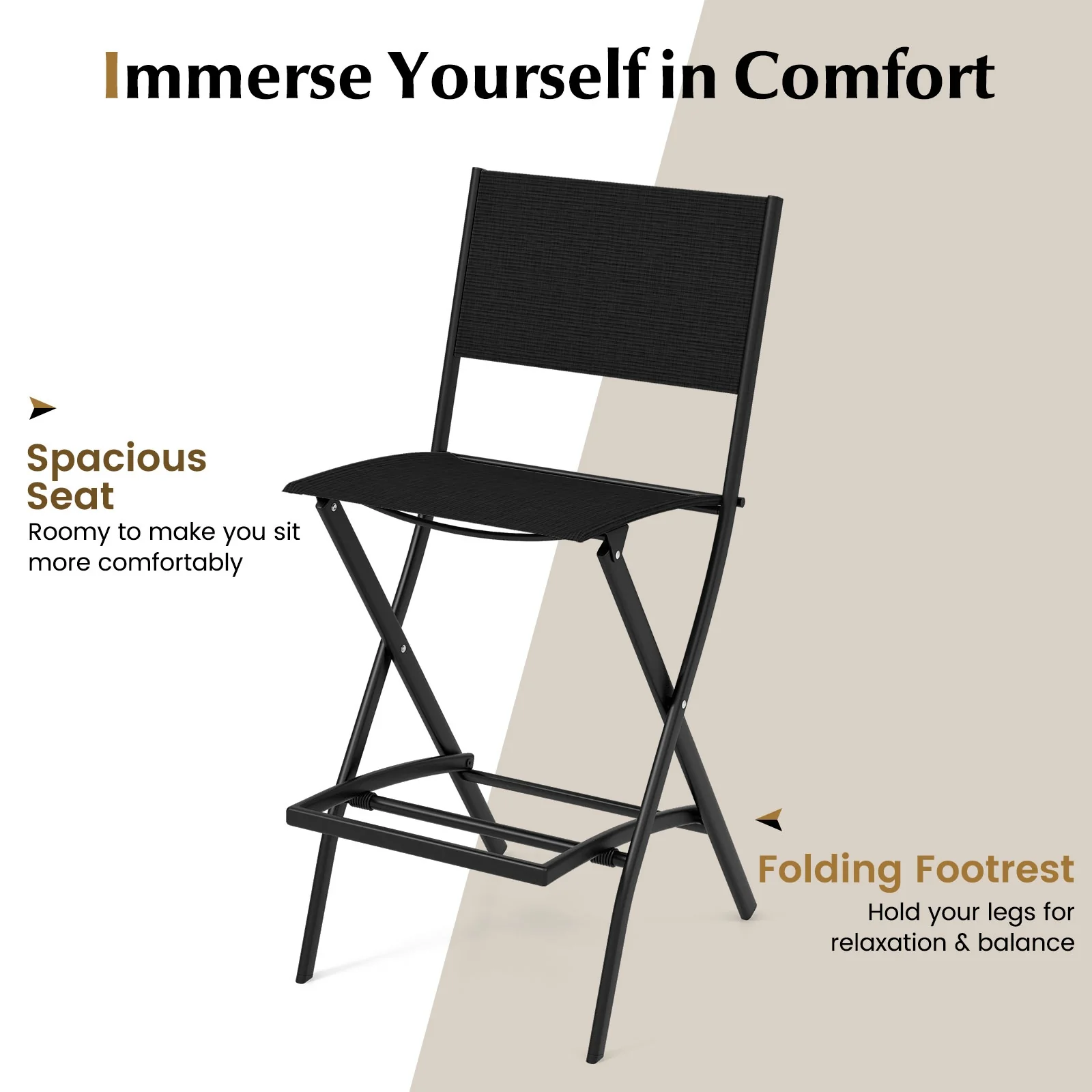 Outdoor Folding Bar Height Stool Set of 4, Metal Frame, Footrest, Black - Image 6