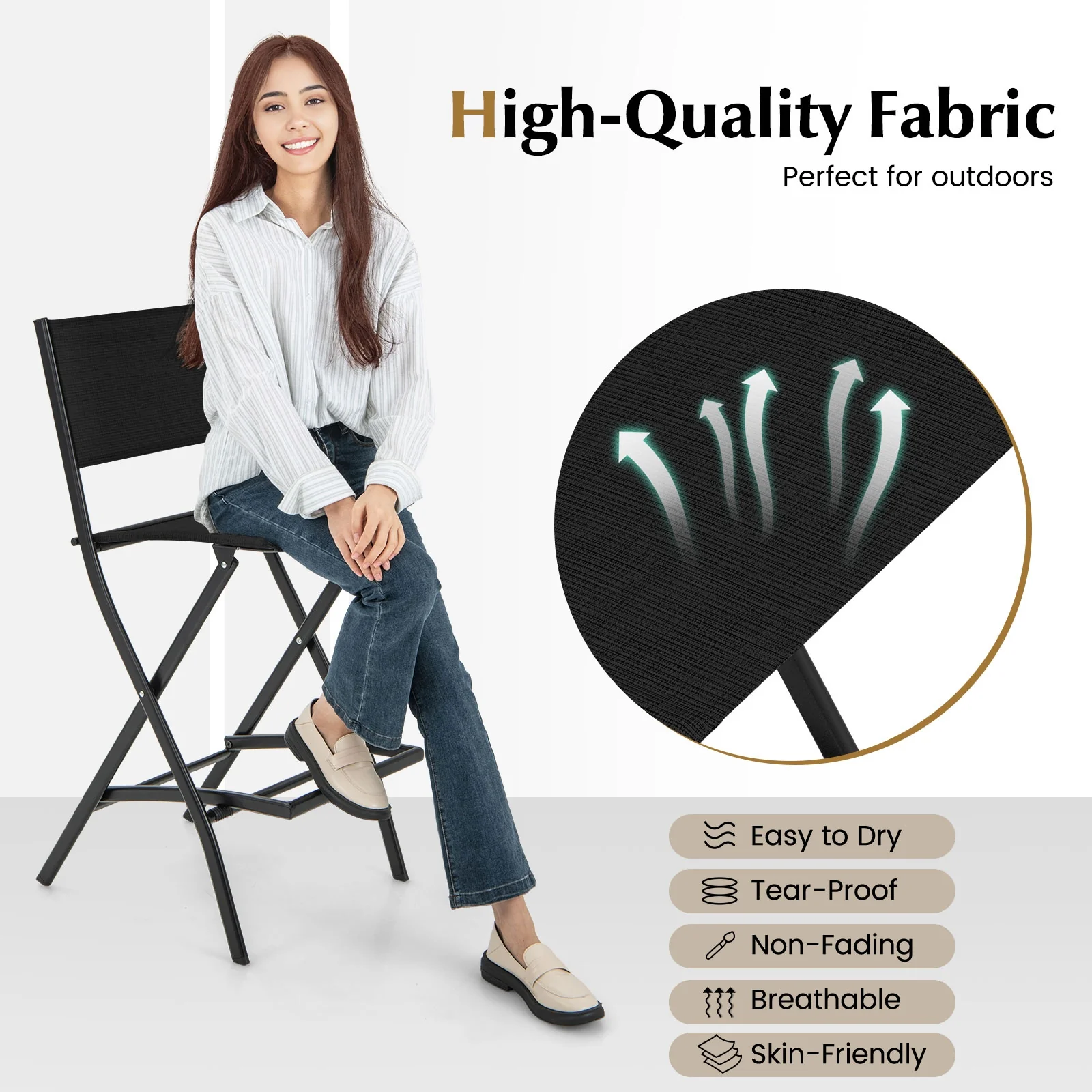 Outdoor Folding Bar Height Stool Set of 4, Metal Frame, Footrest, Black - Image 7