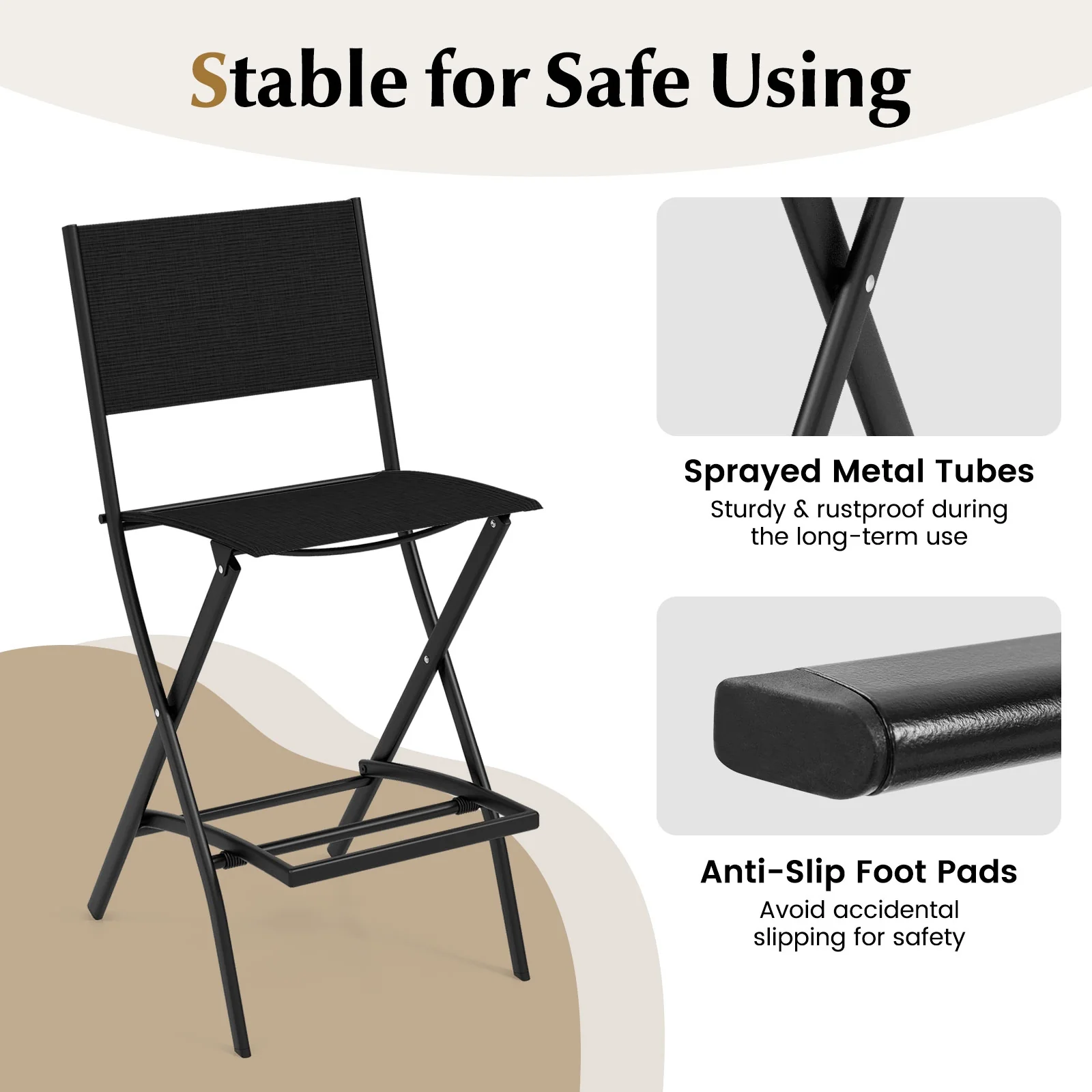 Outdoor Folding Bar Height Stool Set of 4, Metal Frame, Footrest, Black - Image 8