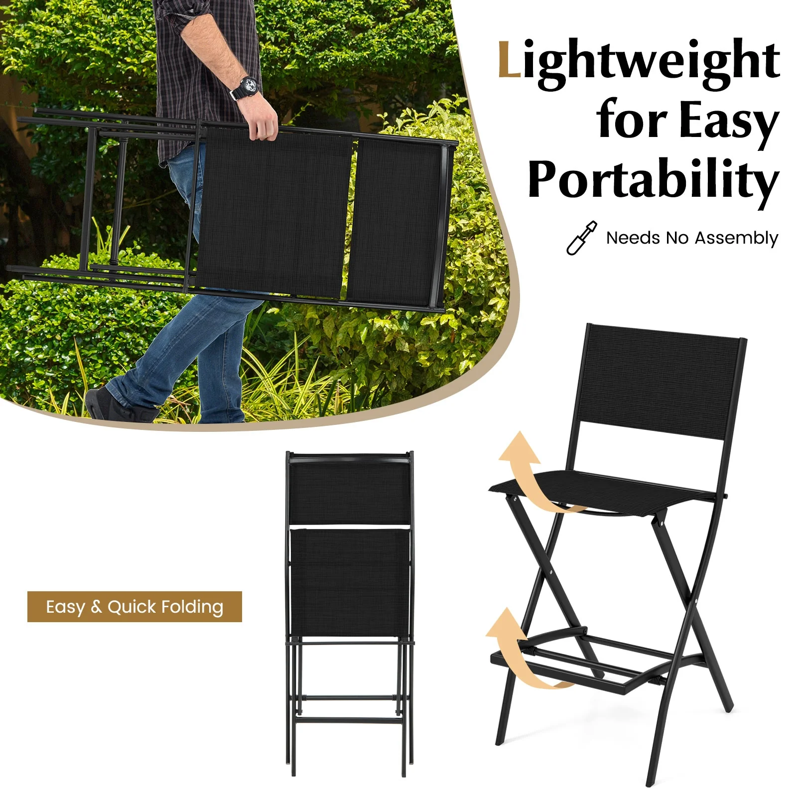 Outdoor Folding Bar Height Stool Set of 4, Metal Frame, Footrest, Black - Image 9