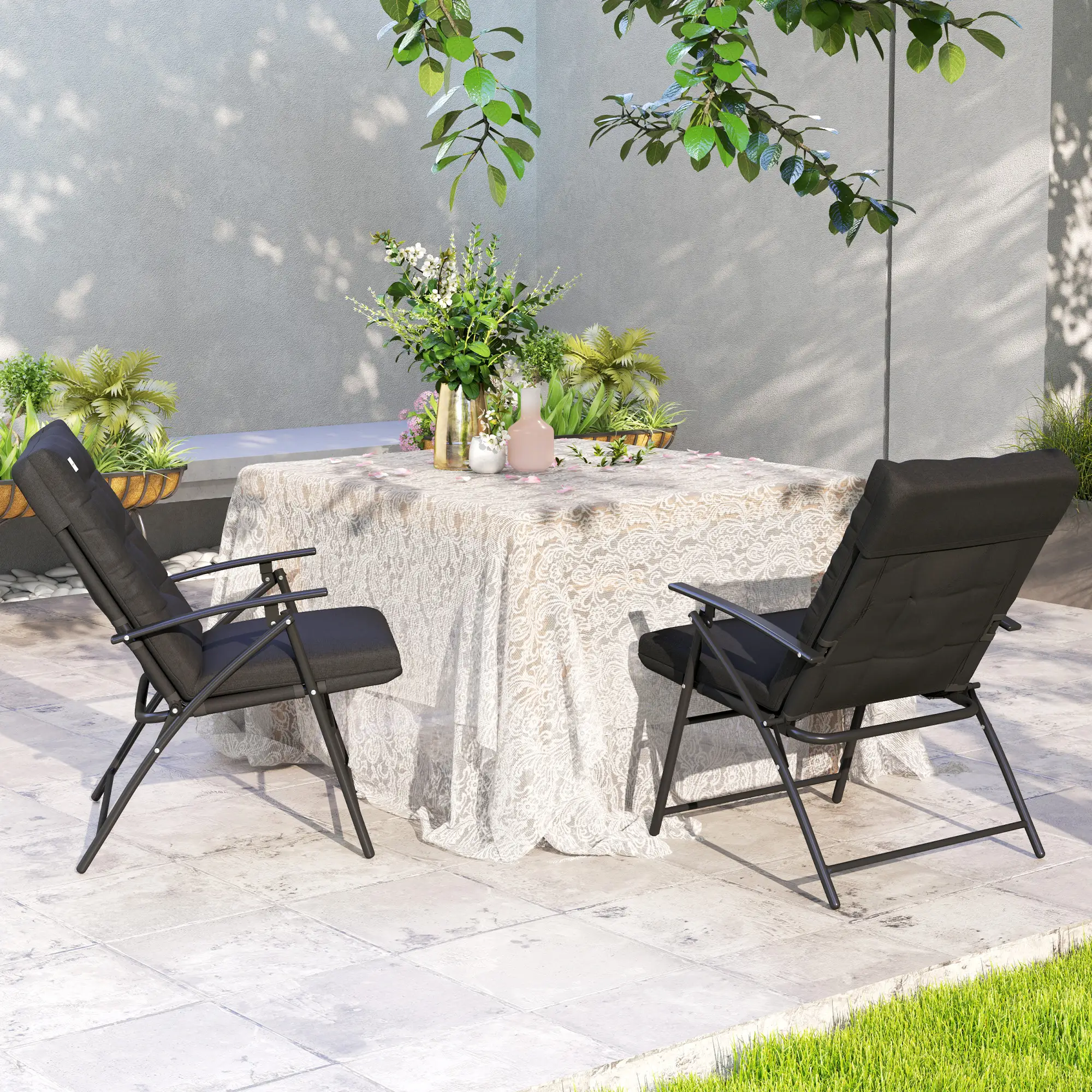 Outdoor Folding Chairs, Adjustable Backrest, Padded, Set of 2, Black - Image 10