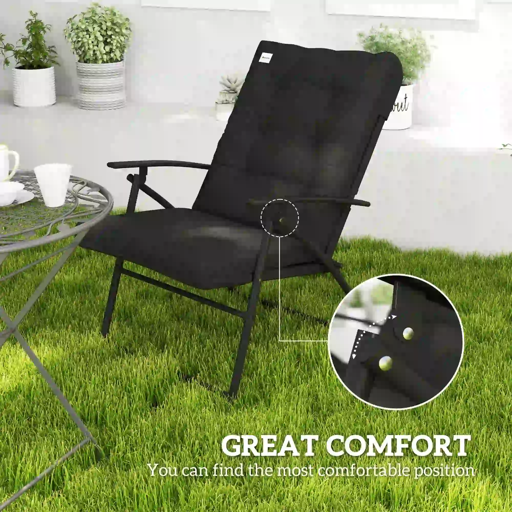 Outdoor Folding Chairs, Adjustable Backrest, Padded, Set of 2, Black - Image 6