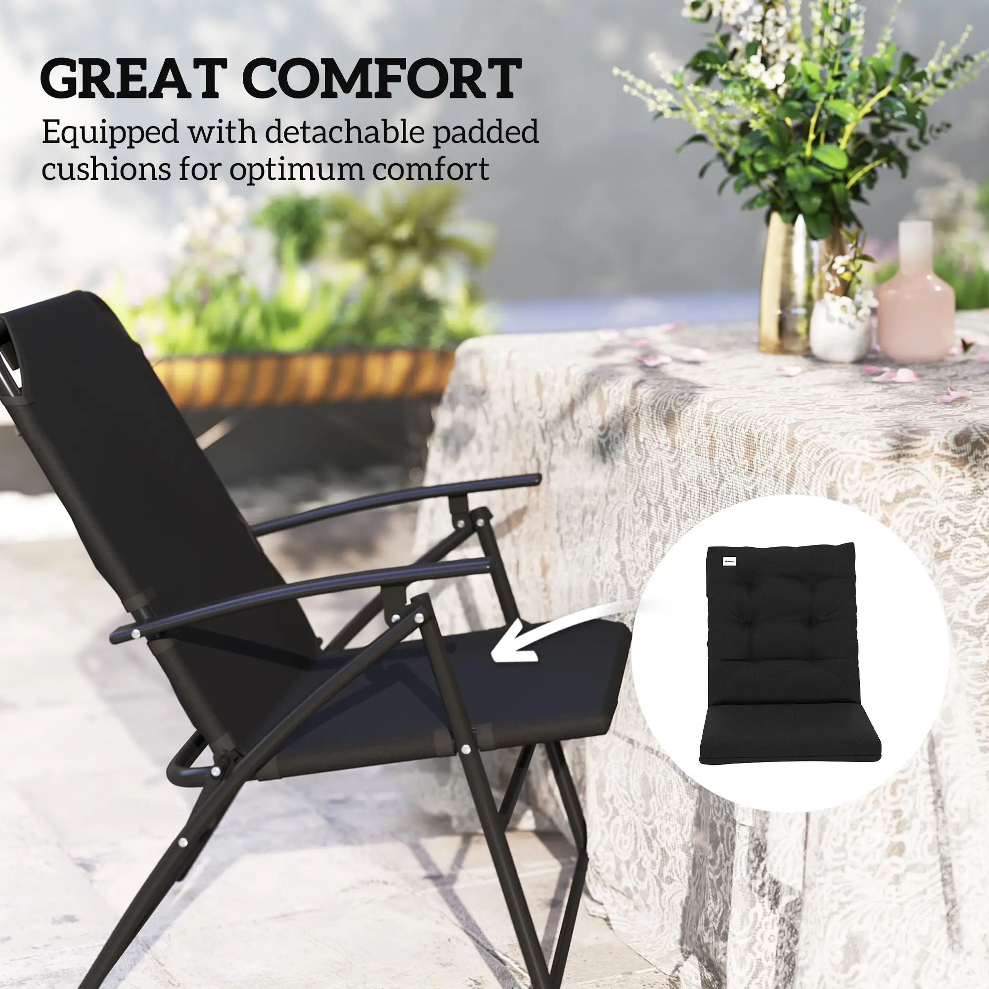 Outdoor Folding Chairs, Adjustable Backrest, Padded, Set of 2, Black - Image 7