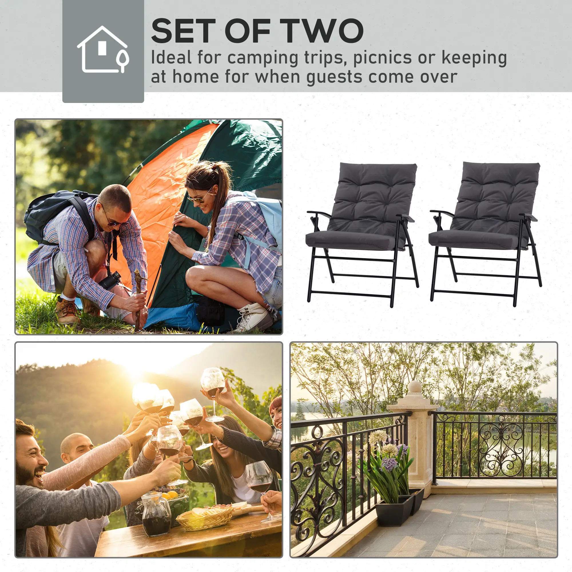 Outdoor Folding Chairs, Adjustable Backrest, Padded, Set of 2, Grey - Image 4