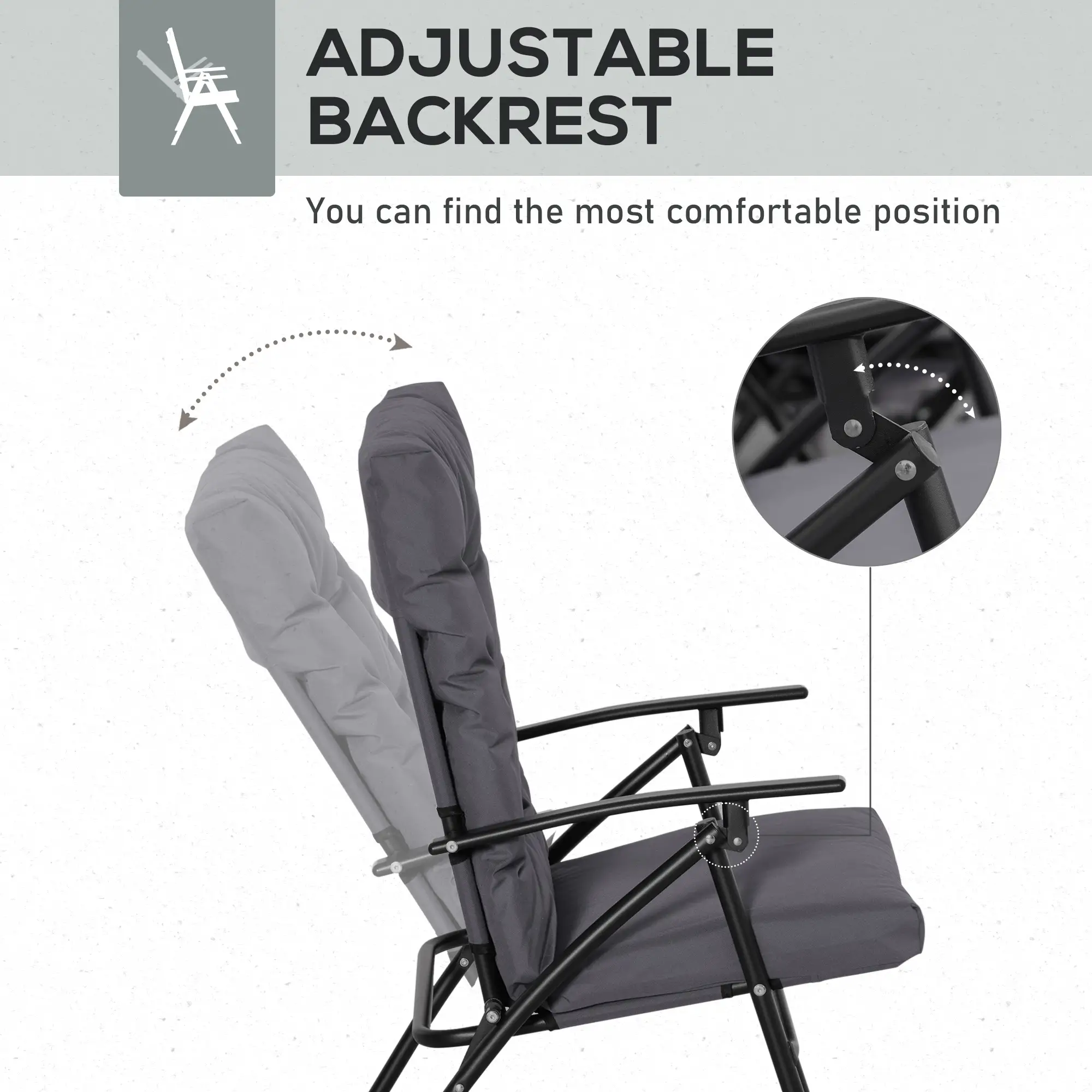 Outdoor Folding Chairs, Adjustable Backrest, Padded, Set of 2, Grey - Image 6