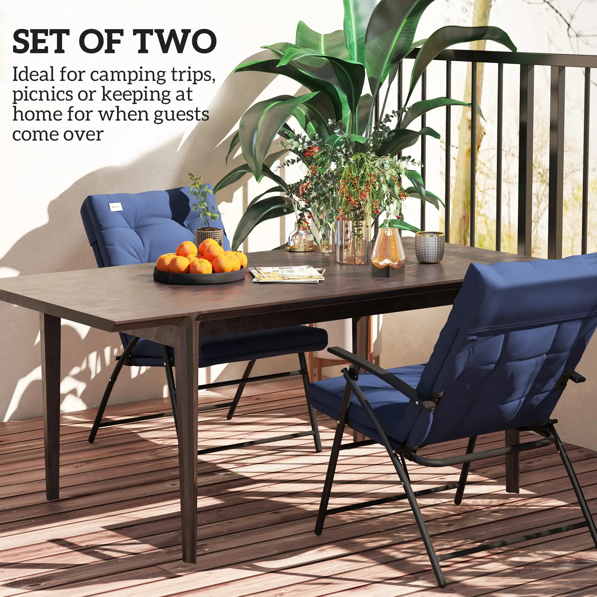 Outdoor Folding Chairs, Set of 2, Adjustable Backrest, Padded, Blue - Image 4