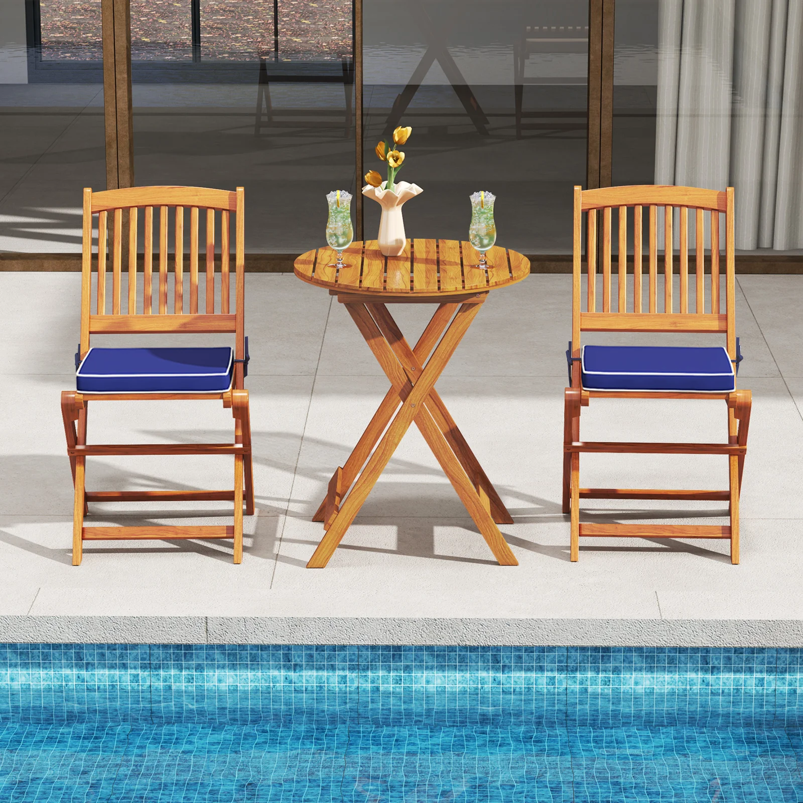 Outdoor Folding Chairs With Seat Cushions, Set Of 2, Navy - Image 3