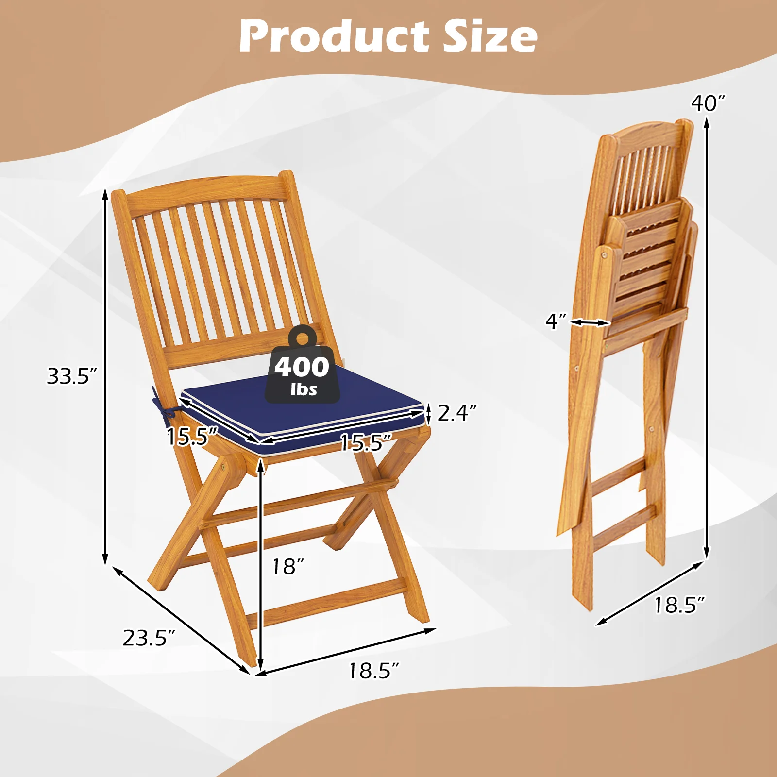 Outdoor Folding Chairs With Seat Cushions, Set Of 2, Navy - Image 6