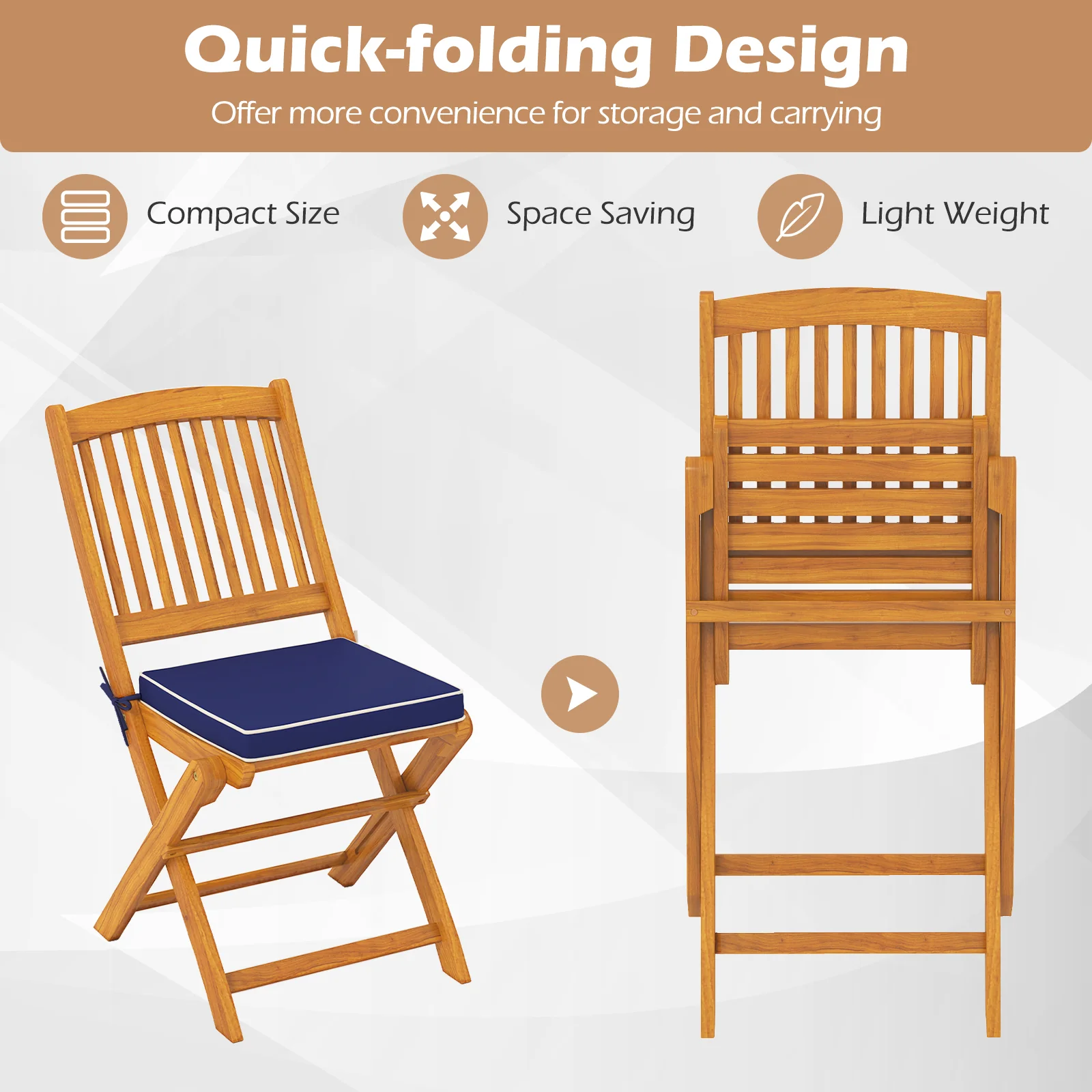 Outdoor Folding Chairs With Seat Cushions, Set Of 2, Navy - Image 8