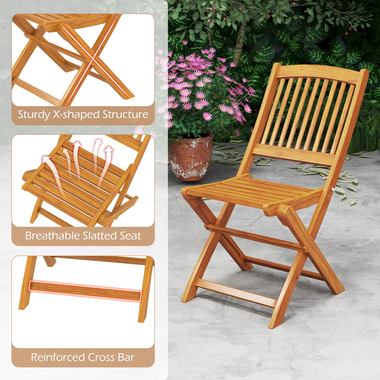 Outdoor Folding Chairs With Seat Cushions, Set Of 2, Navy - Image 9