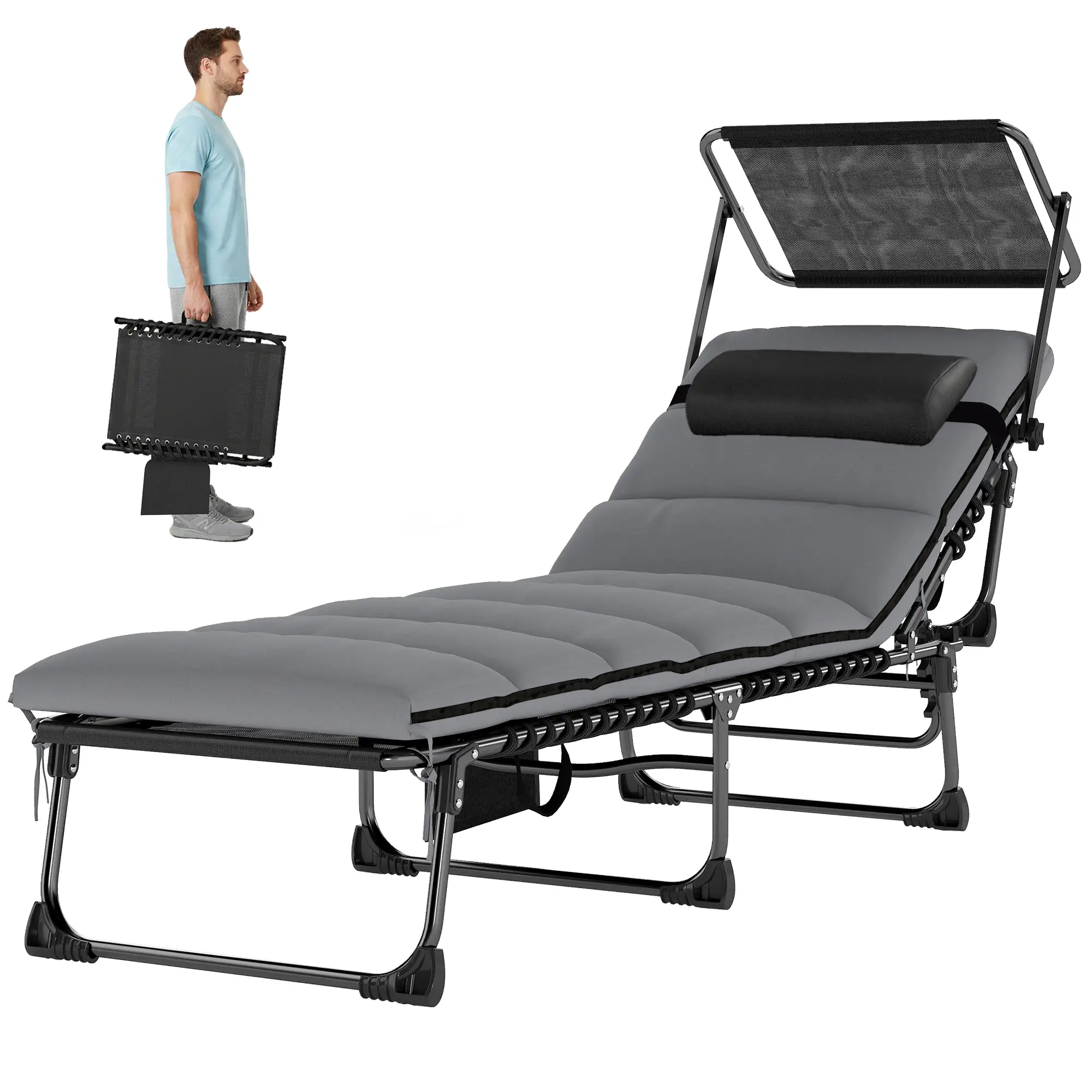 Outdoor Folding Chaise Lounge, 5-Level Adjustable Back, Cushion