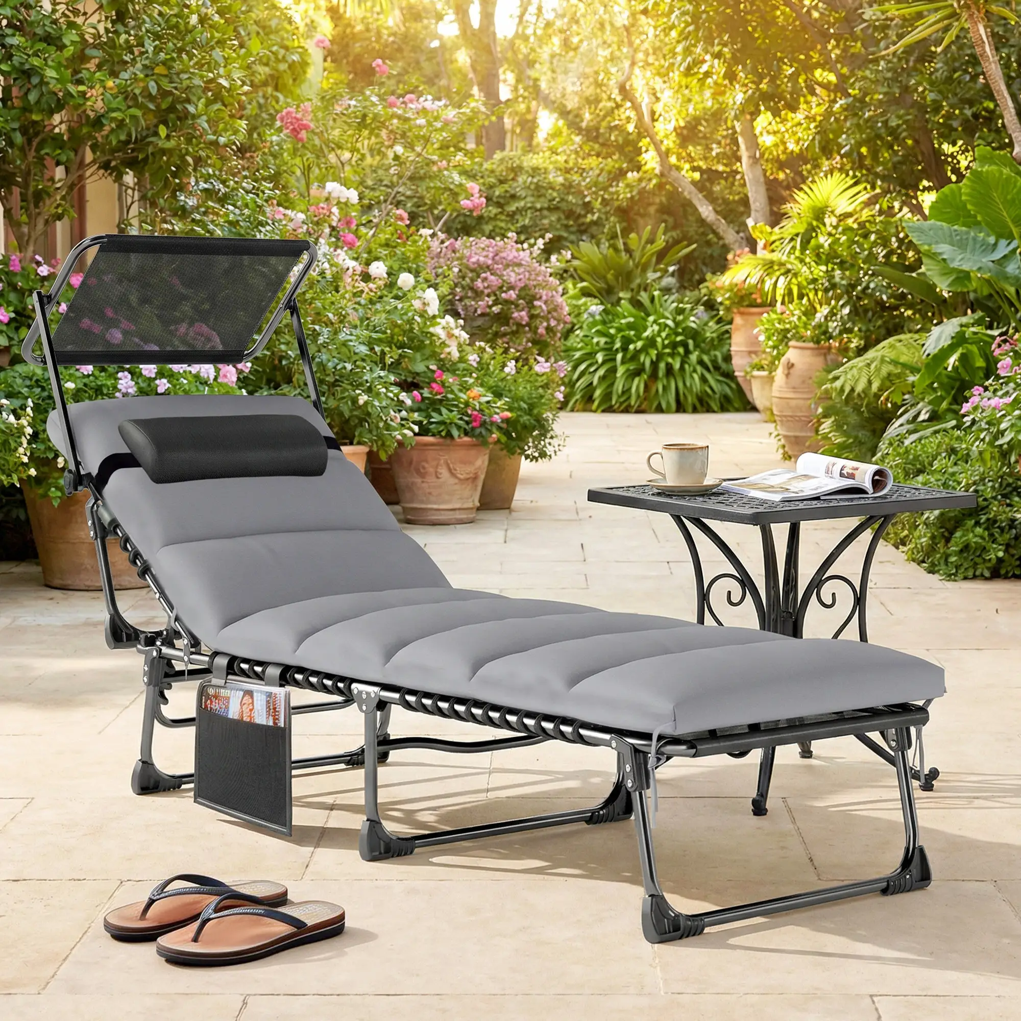 Outdoor Folding Chaise Lounge, 5-Level Adjustable Back, Cushion - Image 2