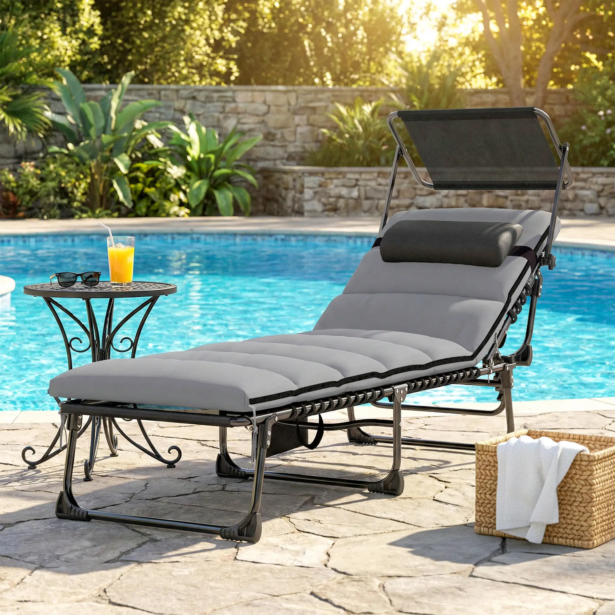 Outdoor Folding Chaise Lounge, 5-Level Adjustable Back, Cushion - Image 8