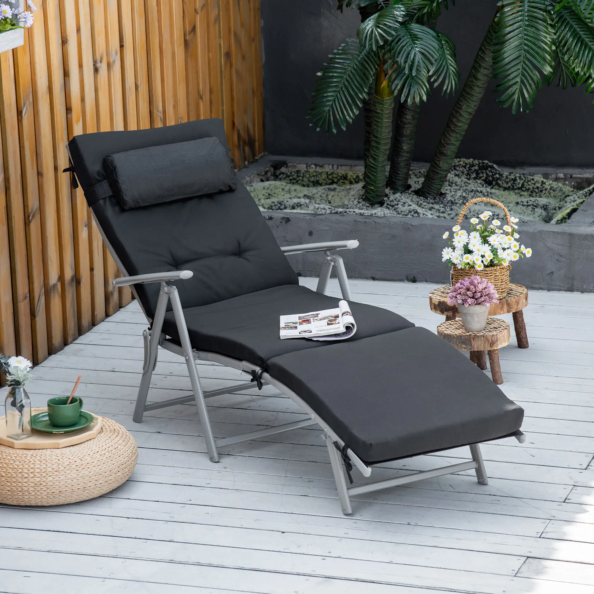Outdoor Folding Chaise Lounge, Adjustable Backrest, Black - Image 2