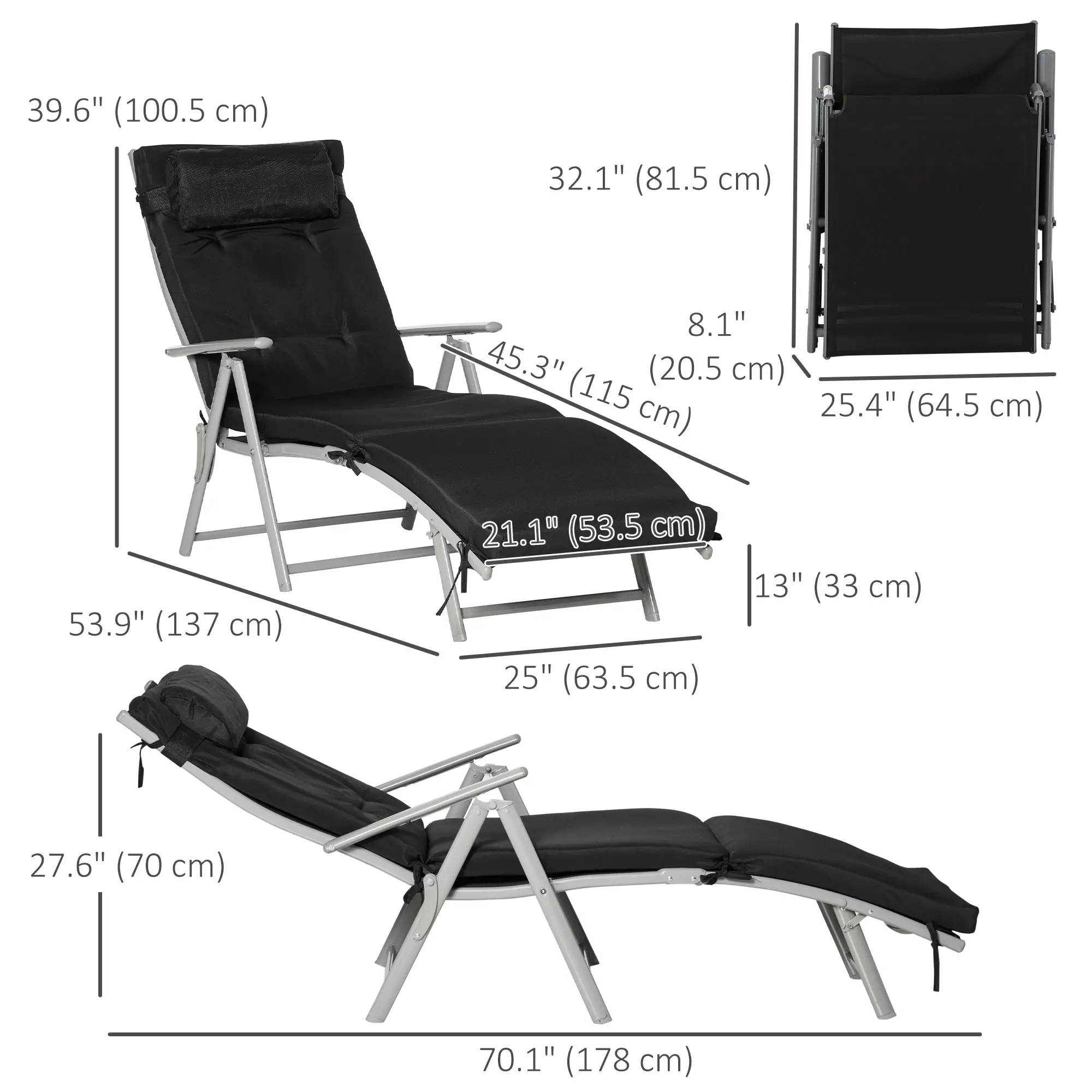 Outdoor Folding Chaise Lounge, Adjustable Backrest, Black - Image 3