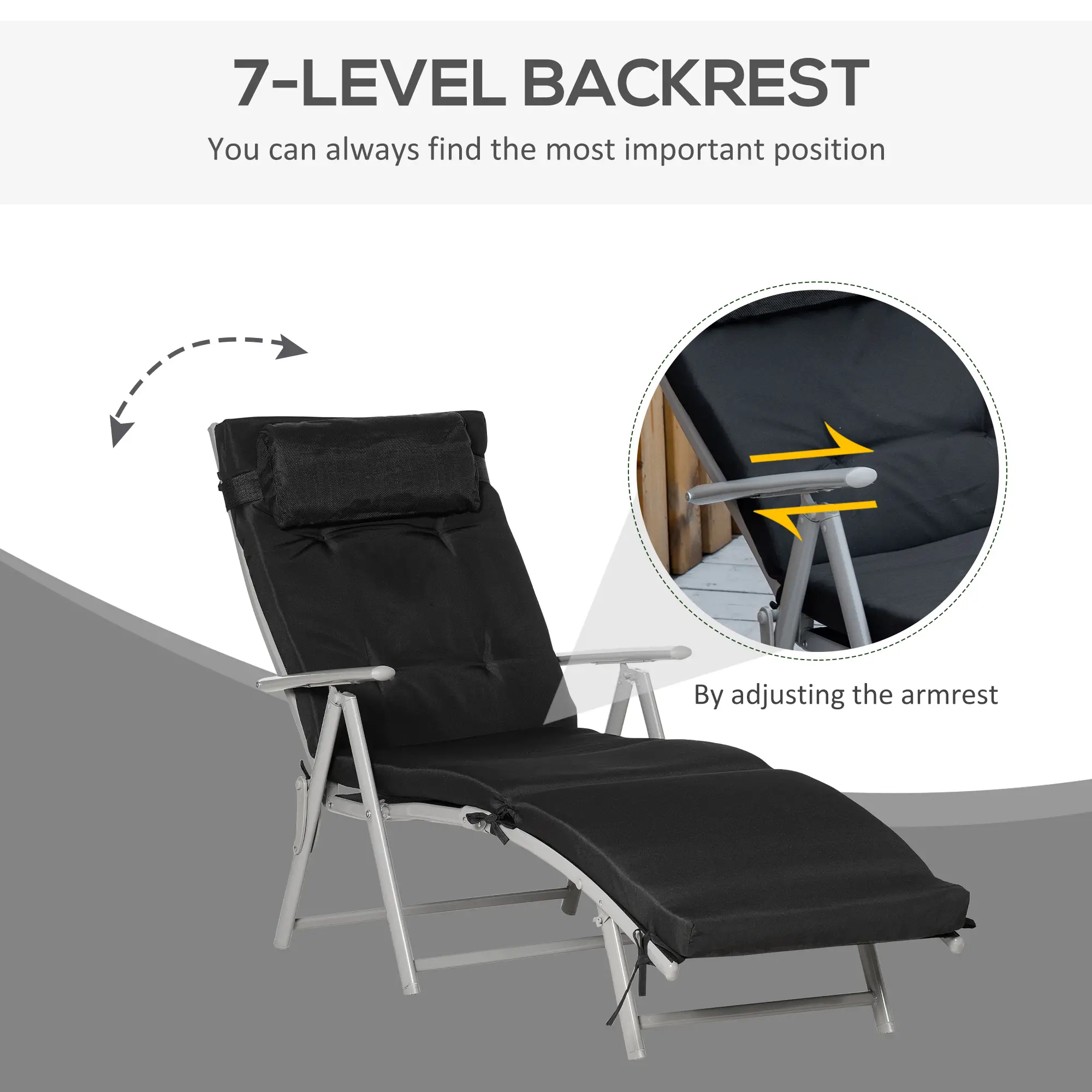 Outdoor Folding Chaise Lounge, Adjustable Backrest, Black - Image 4