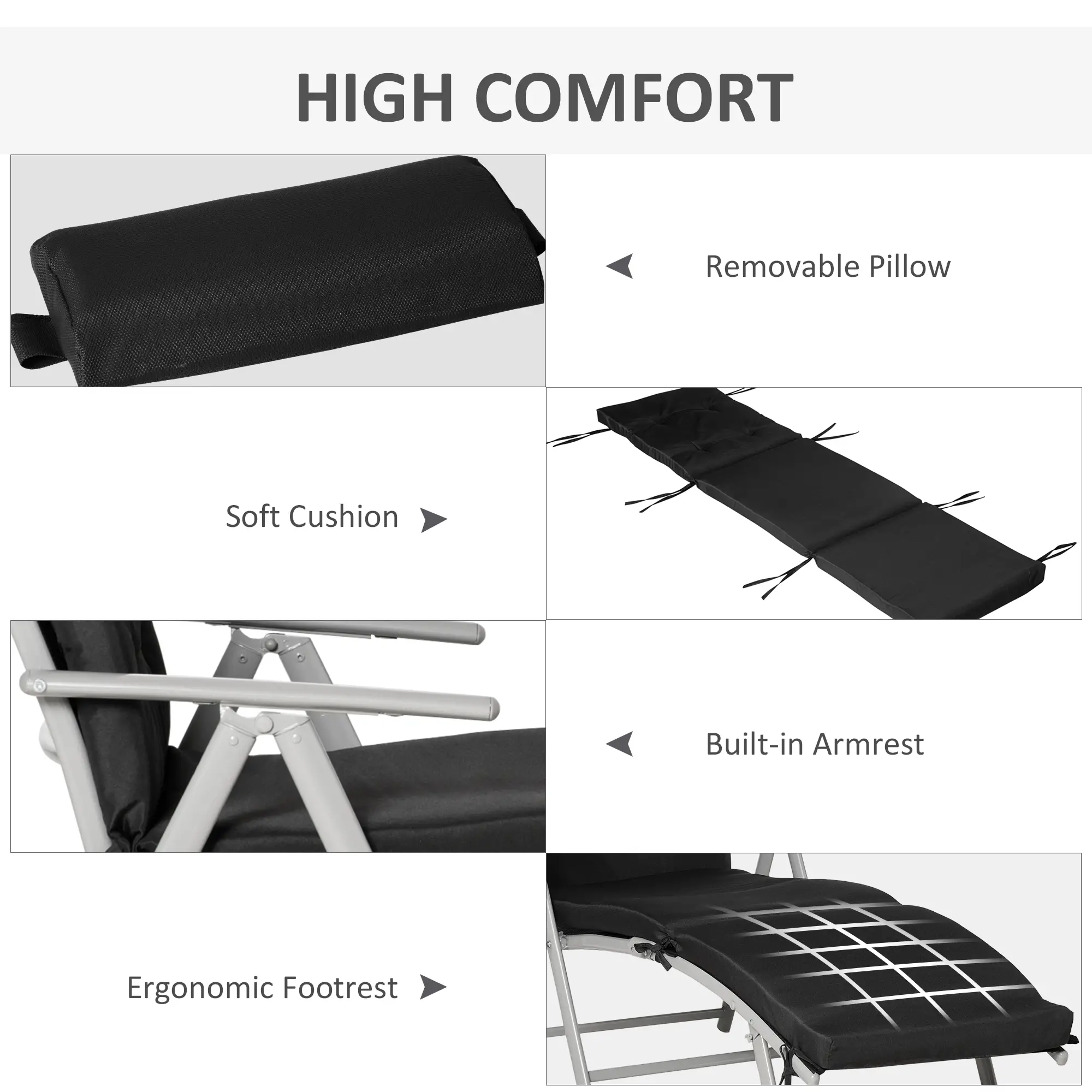 Outdoor Folding Chaise Lounge, Adjustable Backrest, Black - Image 5