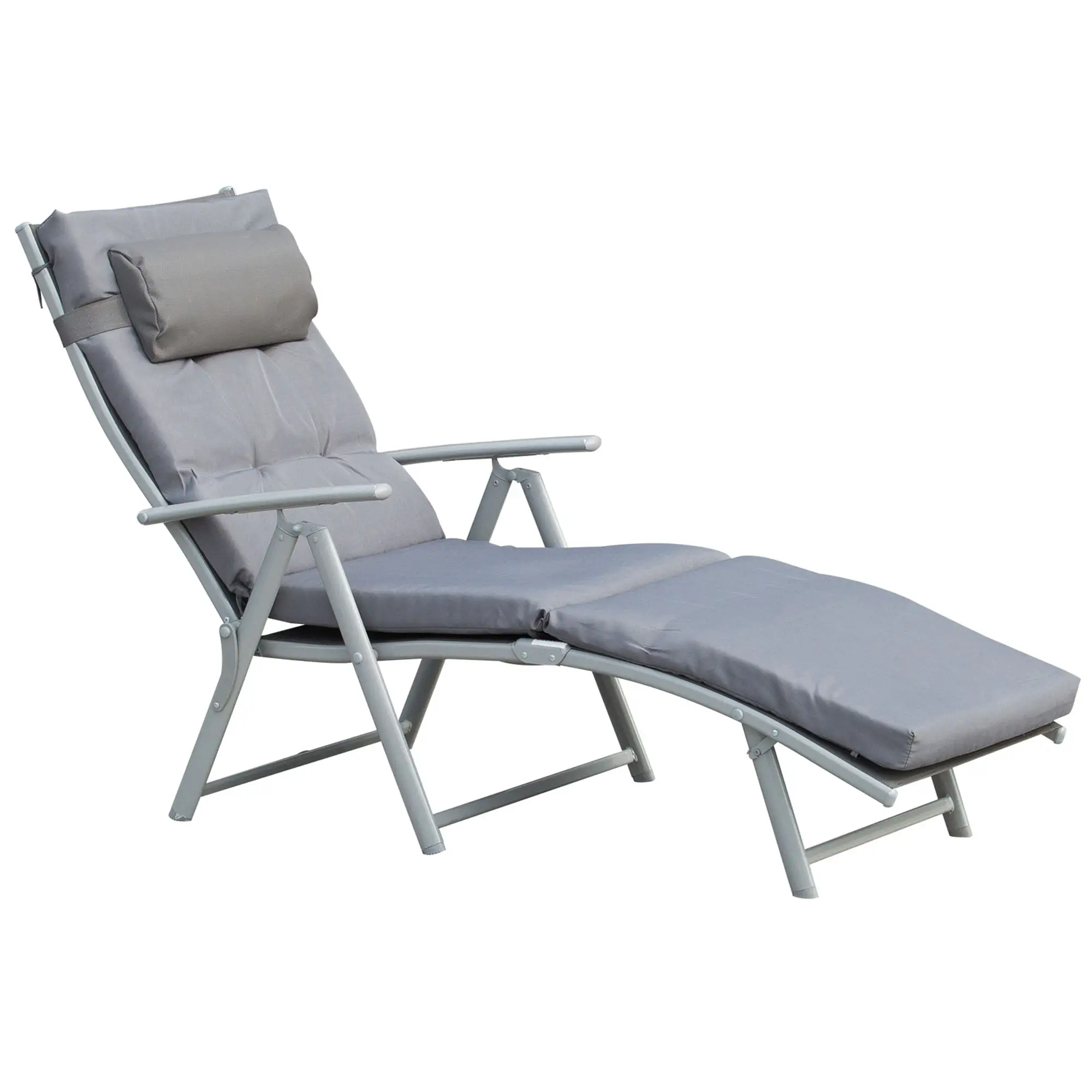 Outdoor Folding Chaise Lounge, Adjustable Backrest, Cushion, Headrest, Grey - Image 11