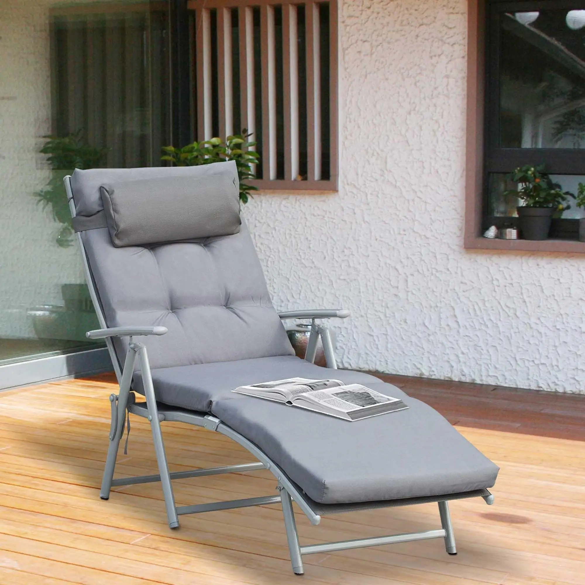 Outdoor Folding Chaise Lounge, Adjustable Backrest, Cushion, Headrest, Grey - Image 2