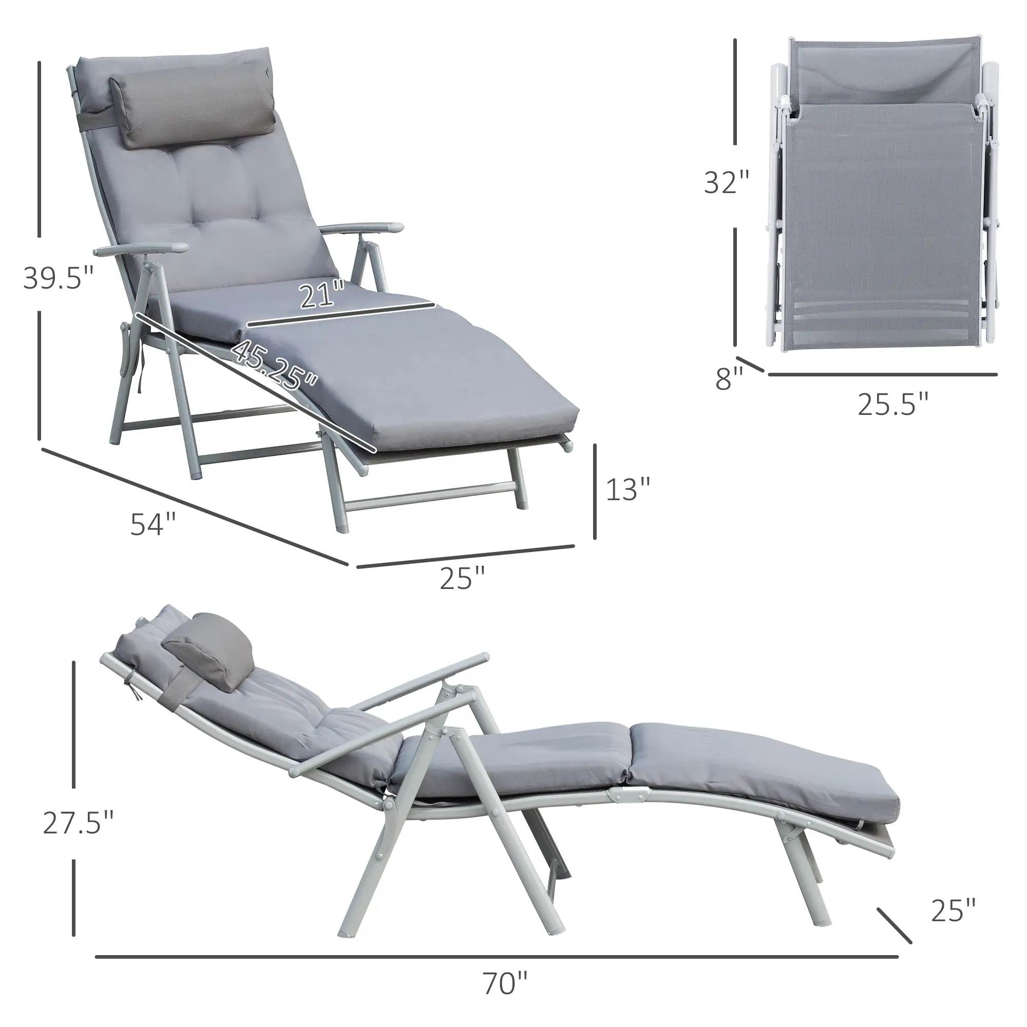 Outdoor Folding Chaise Lounge, Adjustable Backrest, Cushion, Headrest, Grey - Image 3