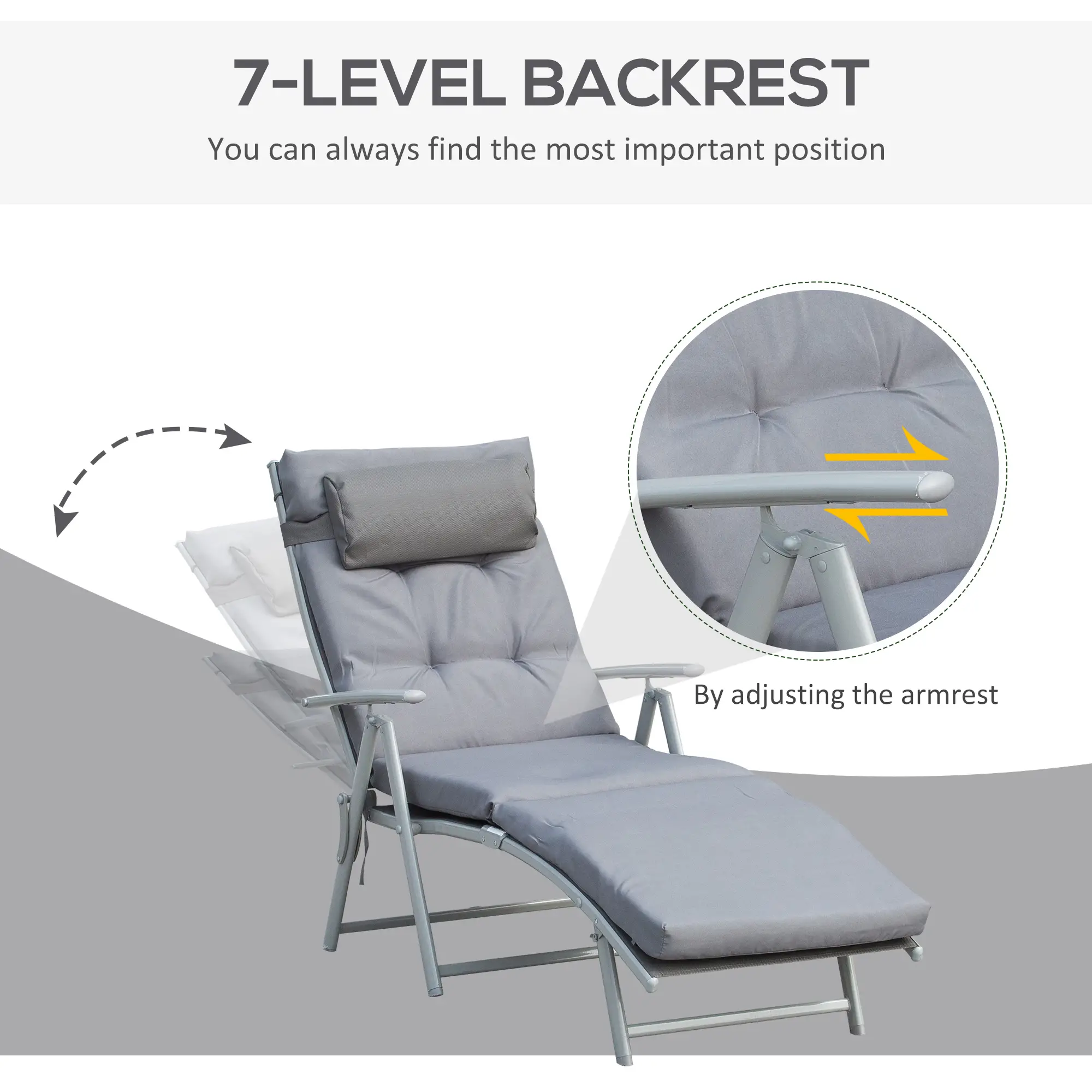 Outdoor Folding Chaise Lounge, Adjustable Backrest, Cushion, Headrest, Grey - Image 4