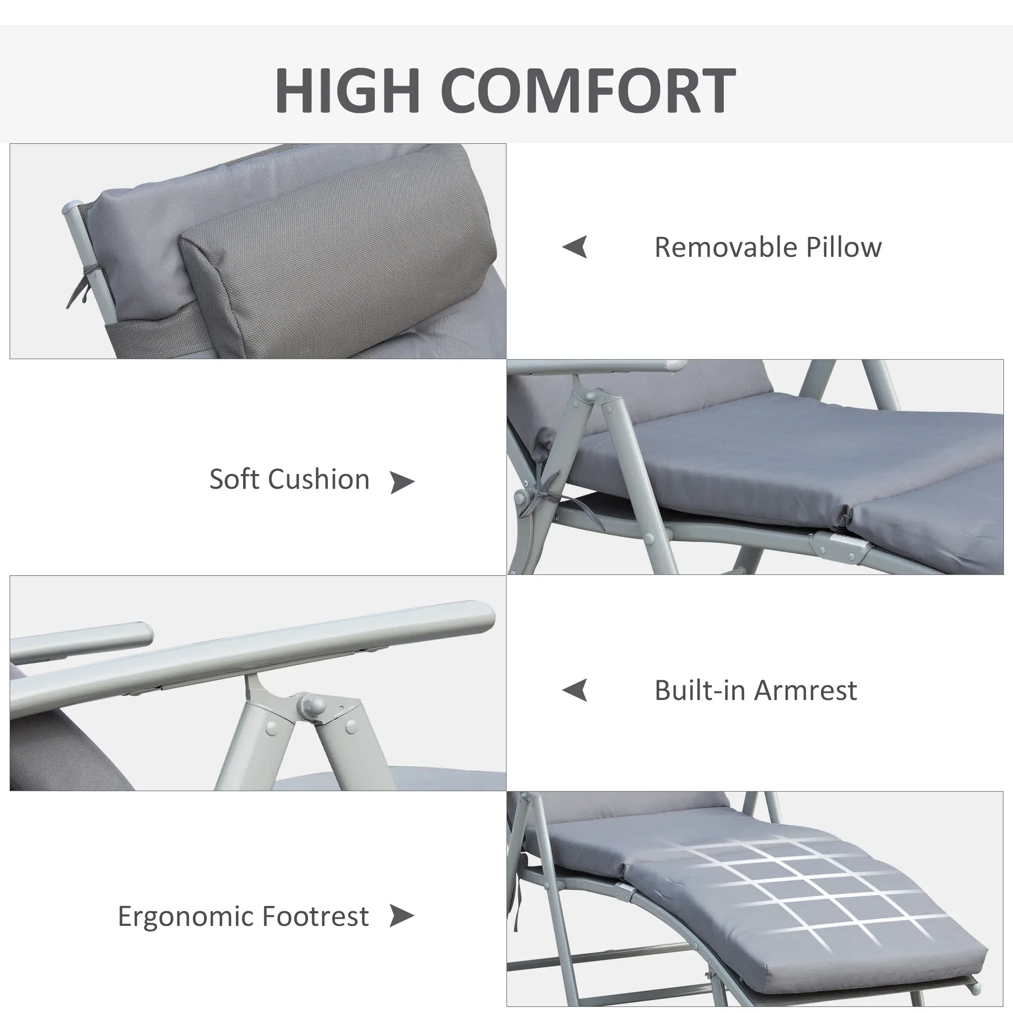 Outdoor Folding Chaise Lounge, Adjustable Backrest, Cushion, Headrest, Grey - Image 5
