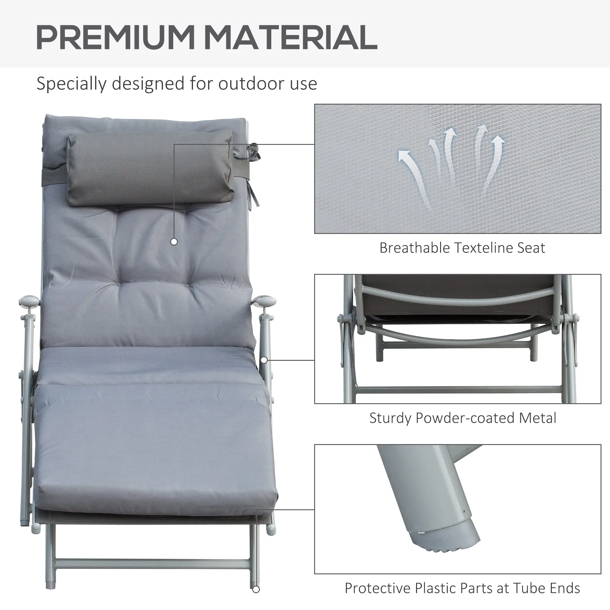 Outdoor Folding Chaise Lounge, Adjustable Backrest, Cushion, Headrest, Grey - Image 7