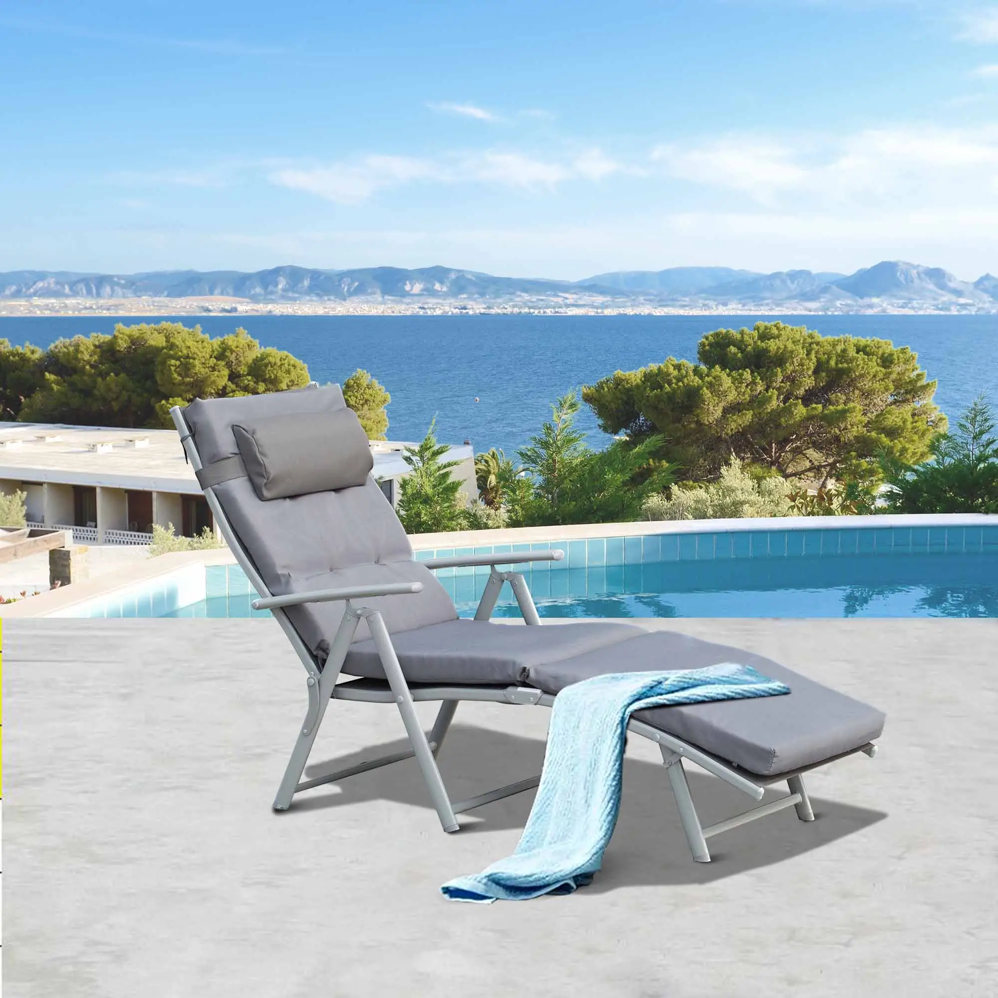 Outdoor Folding Chaise Lounge, Adjustable Backrest, Cushion, Headrest, Grey - Image 8