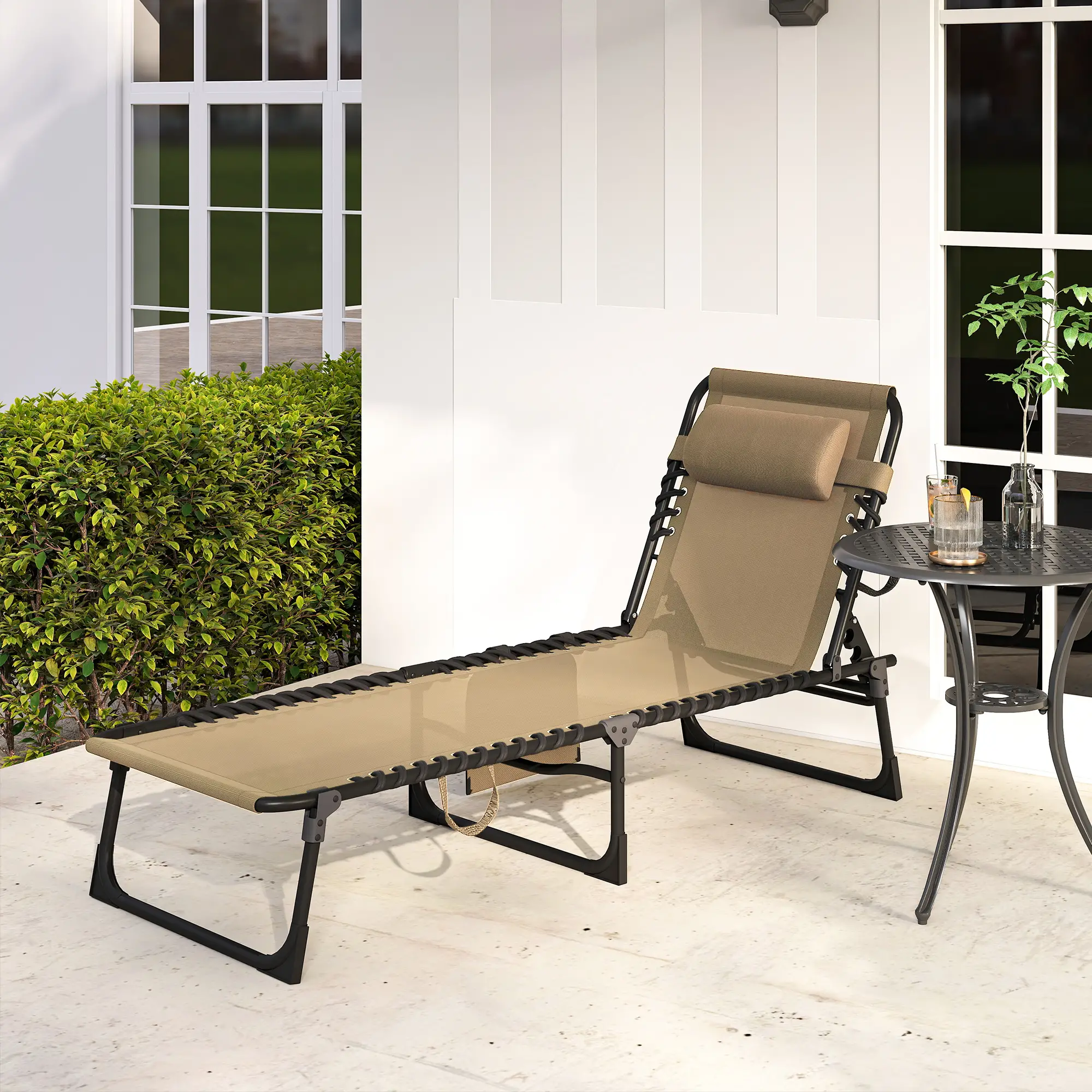 Outdoor Folding Chaise Lounge, Adjustable Backrest, Removable Pillow, Beige - Image 10