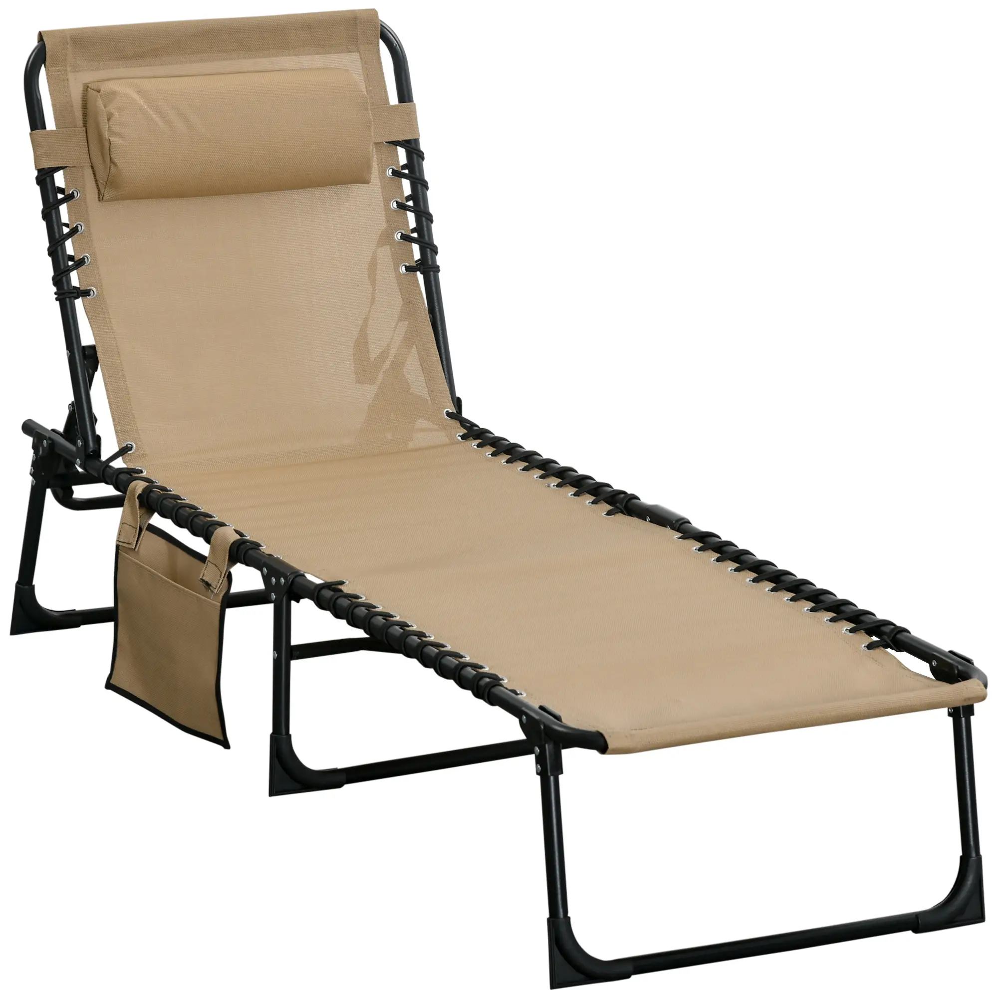 Outdoor Folding Chaise Lounge, Adjustable Backrest, Removable Pillow, Beige - Image 11