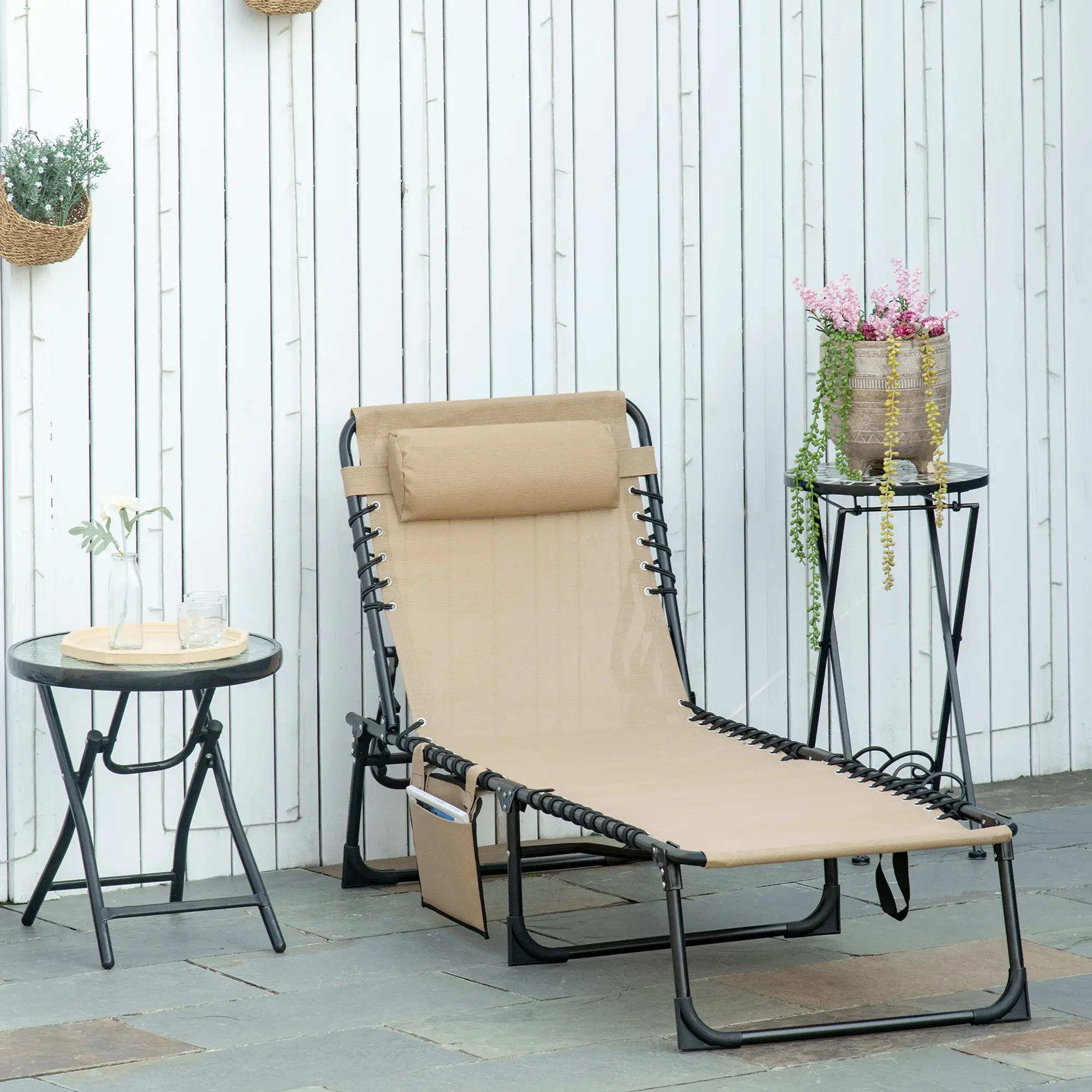 Outdoor Folding Chaise Lounge, Adjustable Backrest, Removable Pillow, Beige - Image 2
