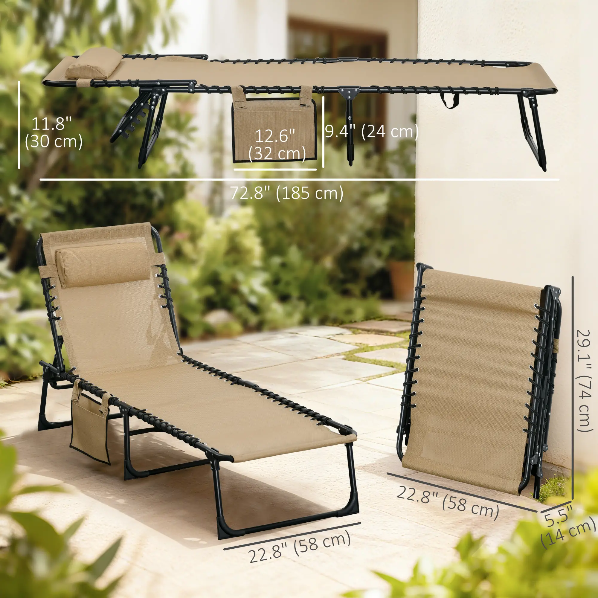 Outdoor Folding Chaise Lounge, Adjustable Backrest, Removable Pillow, Beige - Image 3