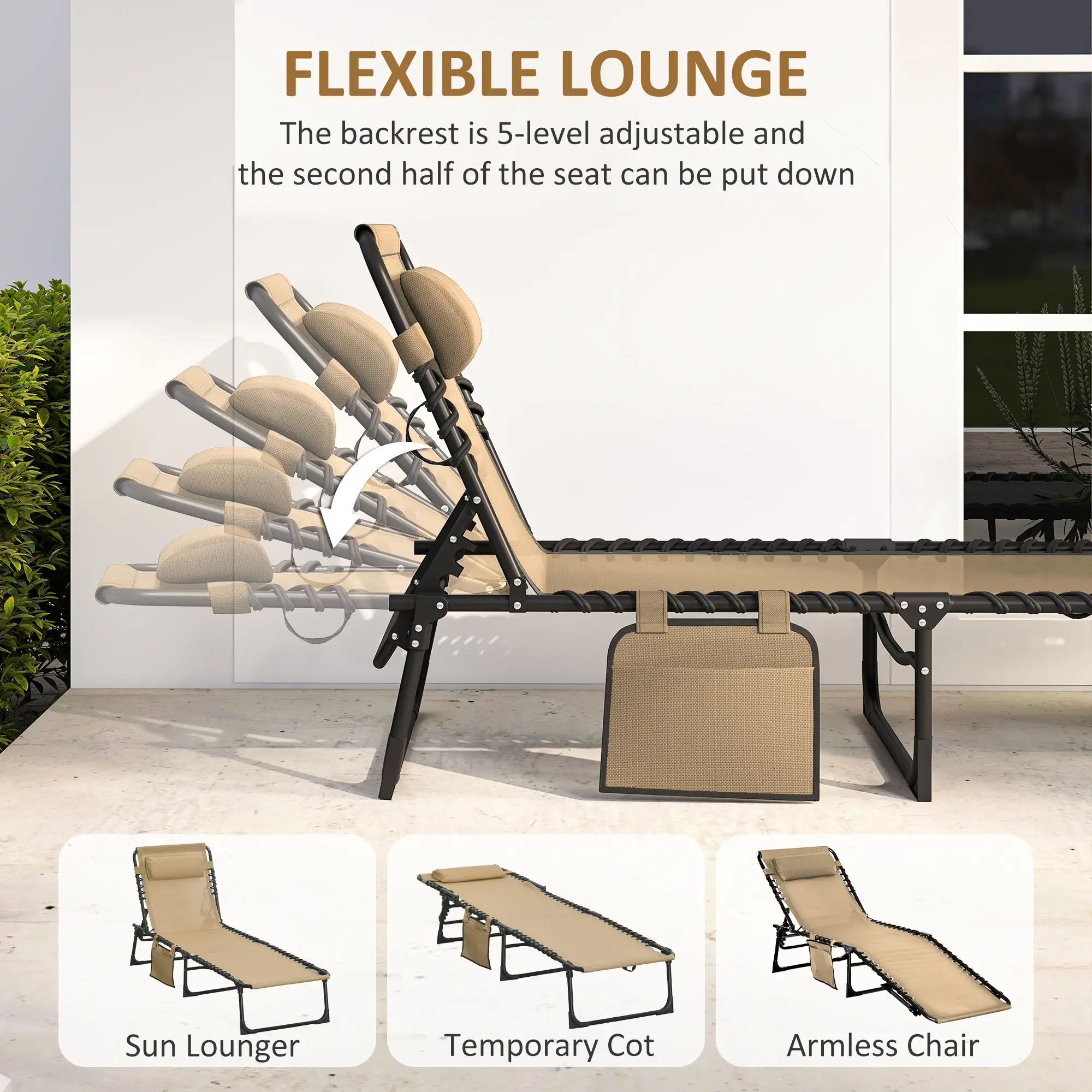 Outdoor Folding Chaise Lounge, Adjustable Backrest, Removable Pillow, Beige - Image 4