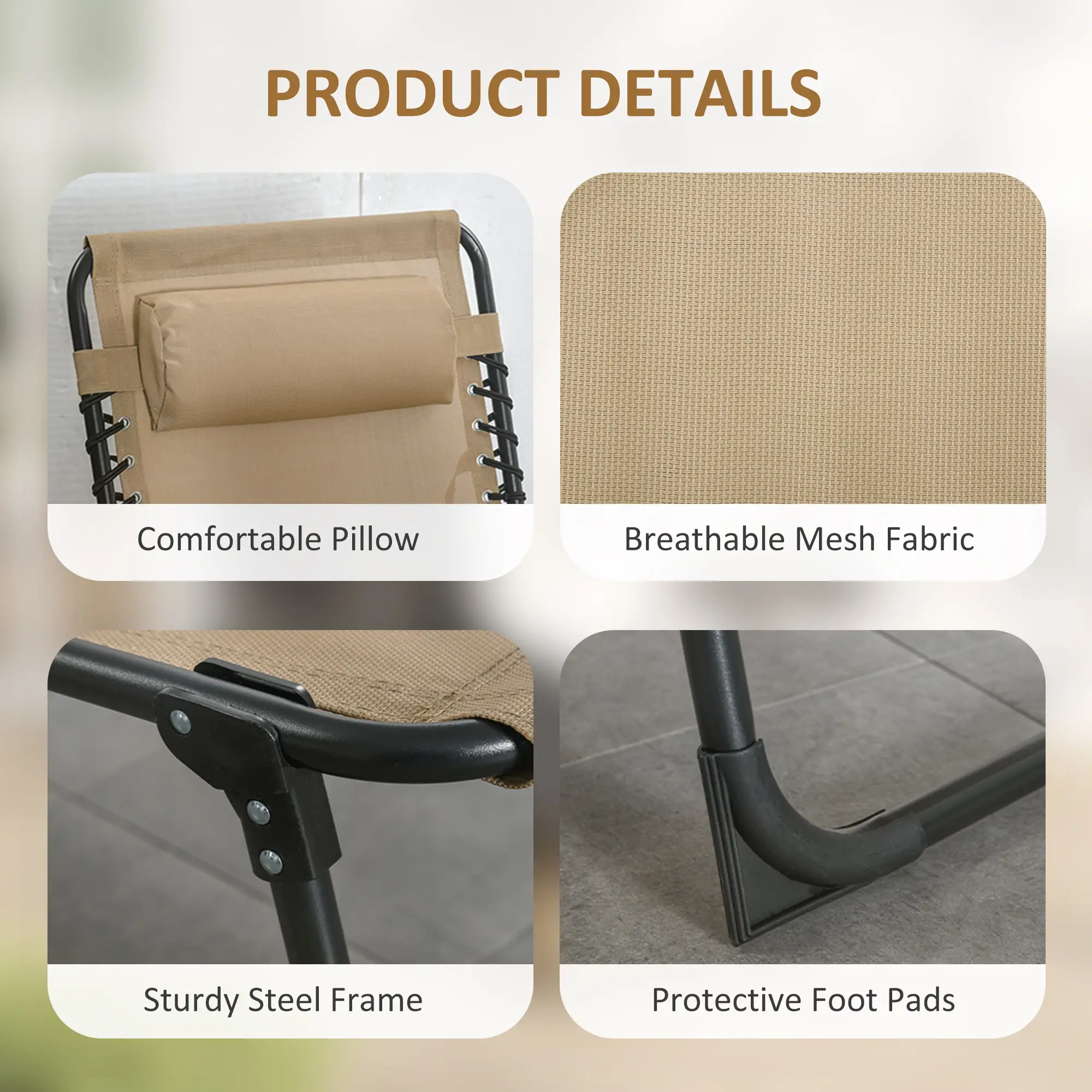 Outdoor Folding Chaise Lounge, Adjustable Backrest, Removable Pillow, Beige - Image 5