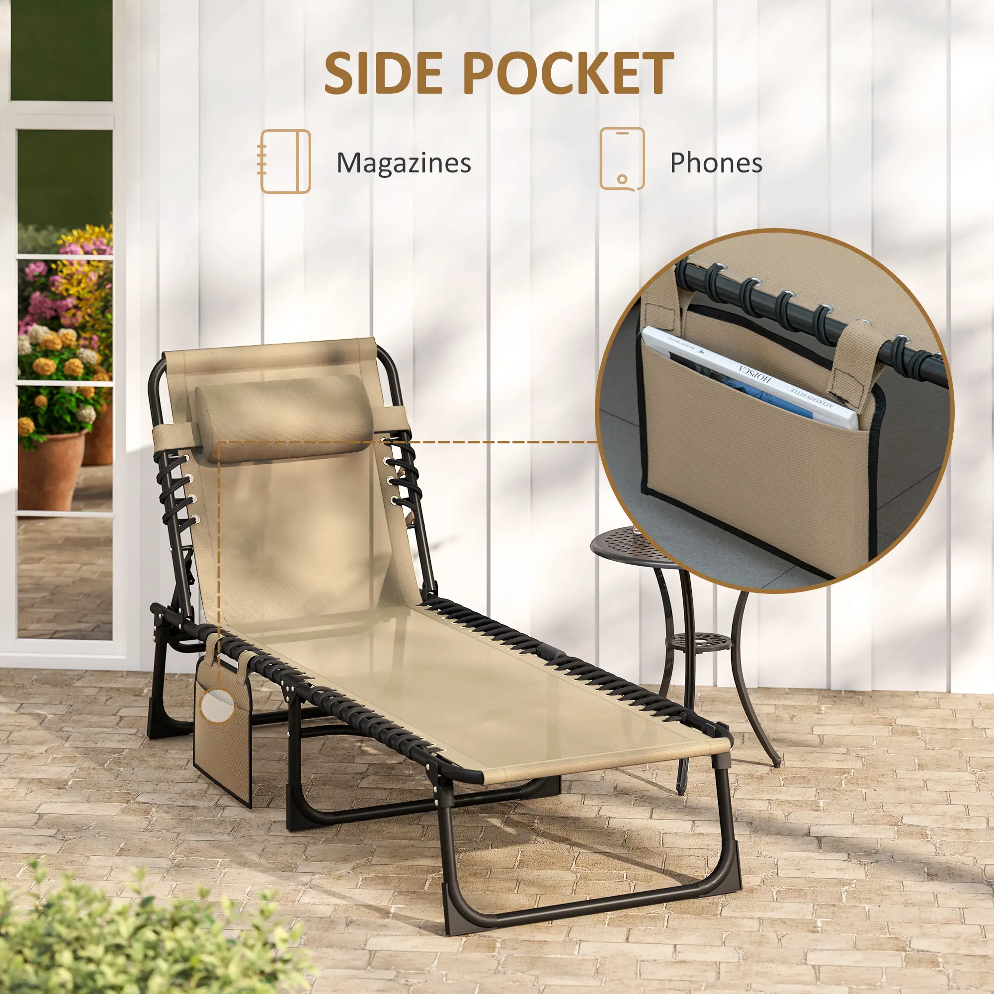 Outdoor Folding Chaise Lounge, Adjustable Backrest, Removable Pillow, Beige - Image 7