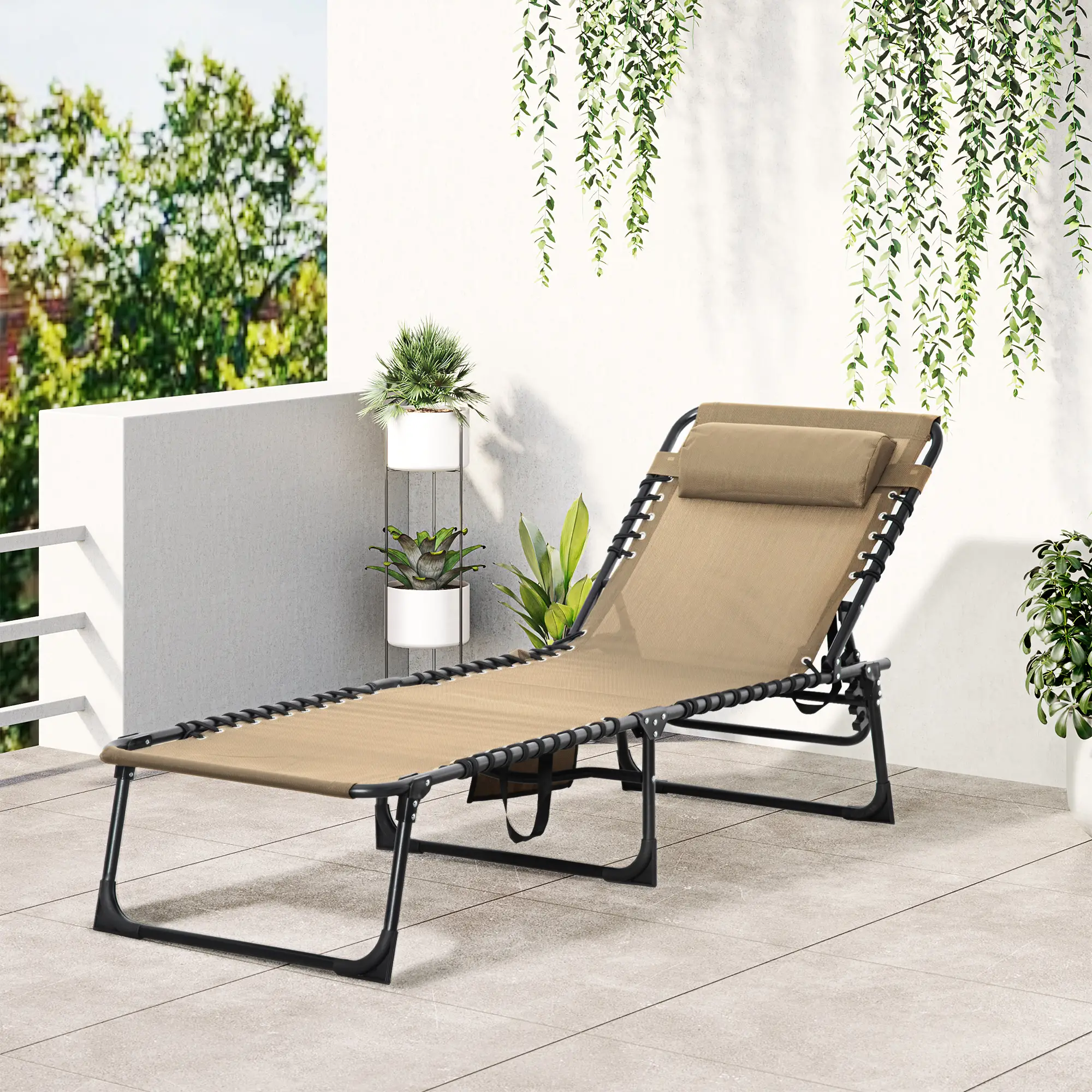 Outdoor Folding Chaise Lounge, Adjustable Backrest, Removable Pillow, Beige - Image 8