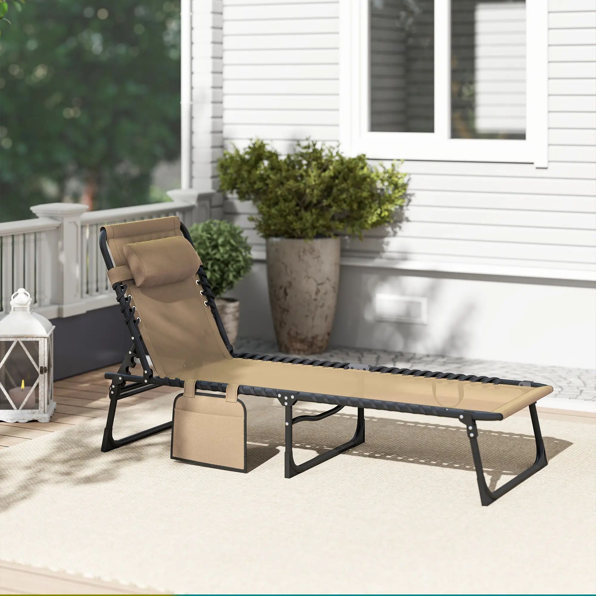 Outdoor Folding Chaise Lounge, Adjustable Backrest, Removable Pillow, Beige - Image 9