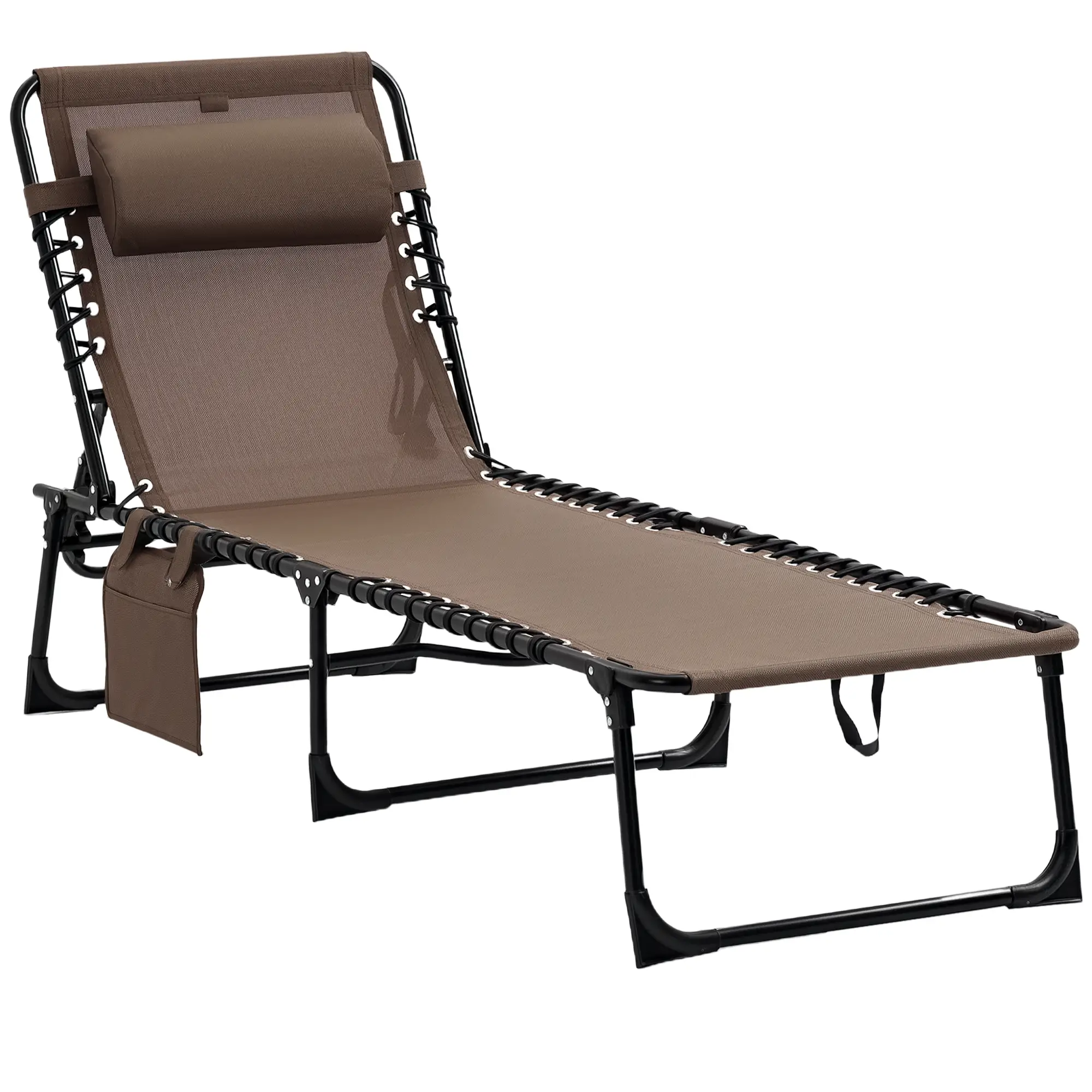 Outdoor Folding Chaise Lounge, Adjustable Backrest, Removable Pillow, Brown - Image 11