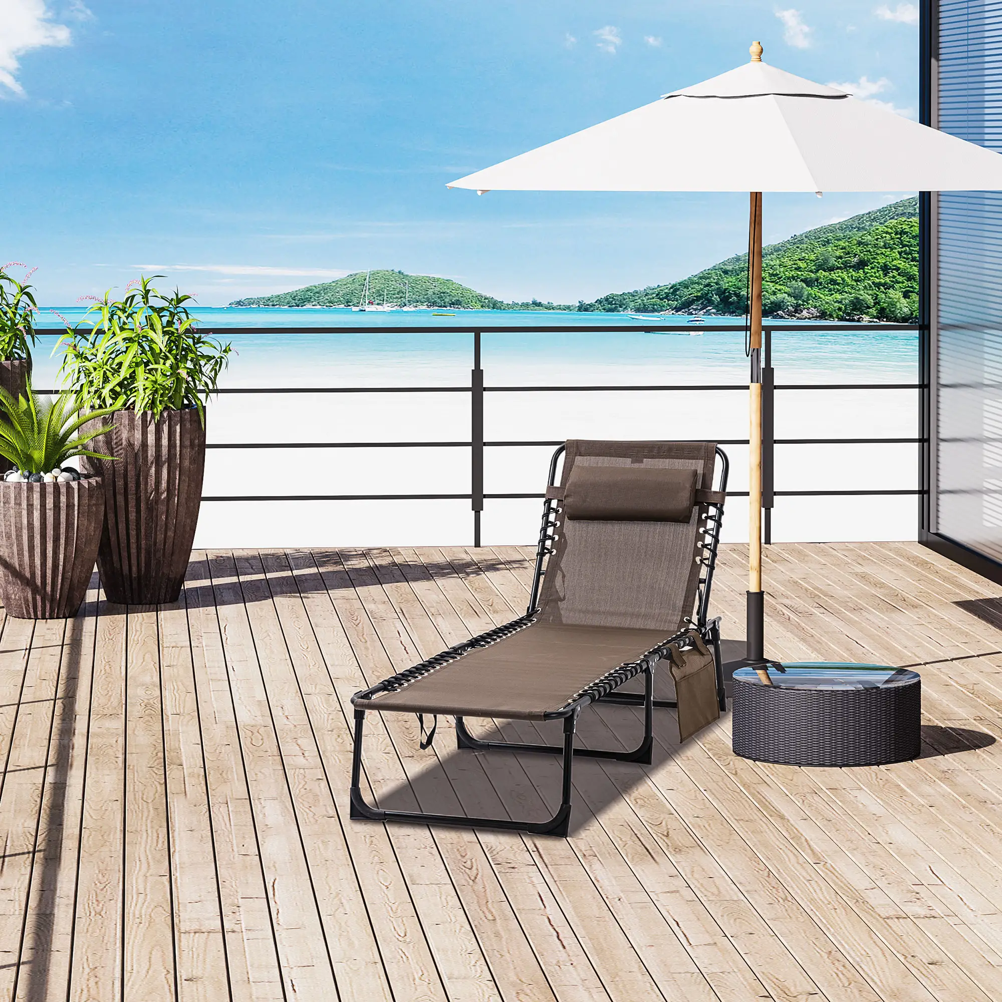 Outdoor Folding Chaise Lounge, Adjustable Backrest, Removable Pillow, Brown - Image 2